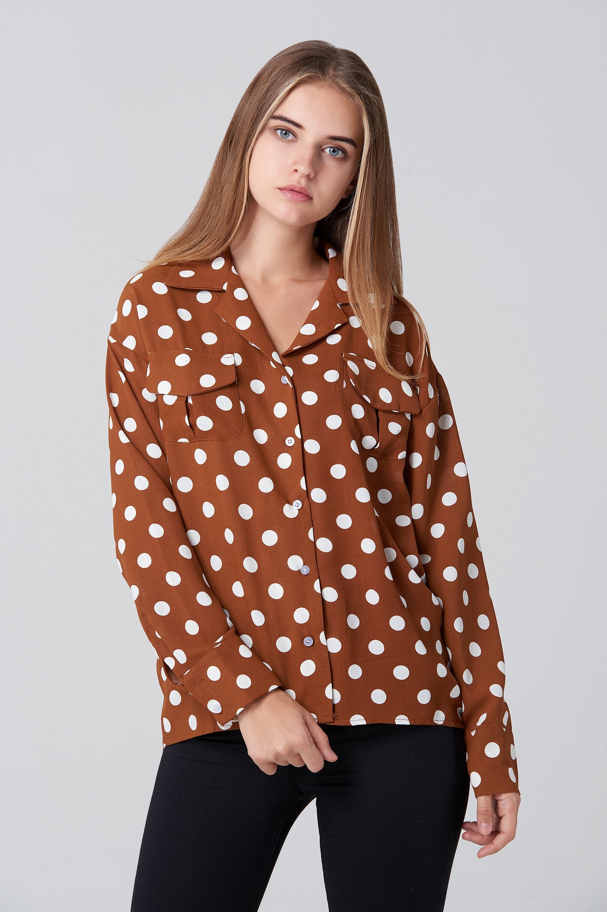 Brown and White Polka dot Long Sleeve Shirt - ownthelooks-Development