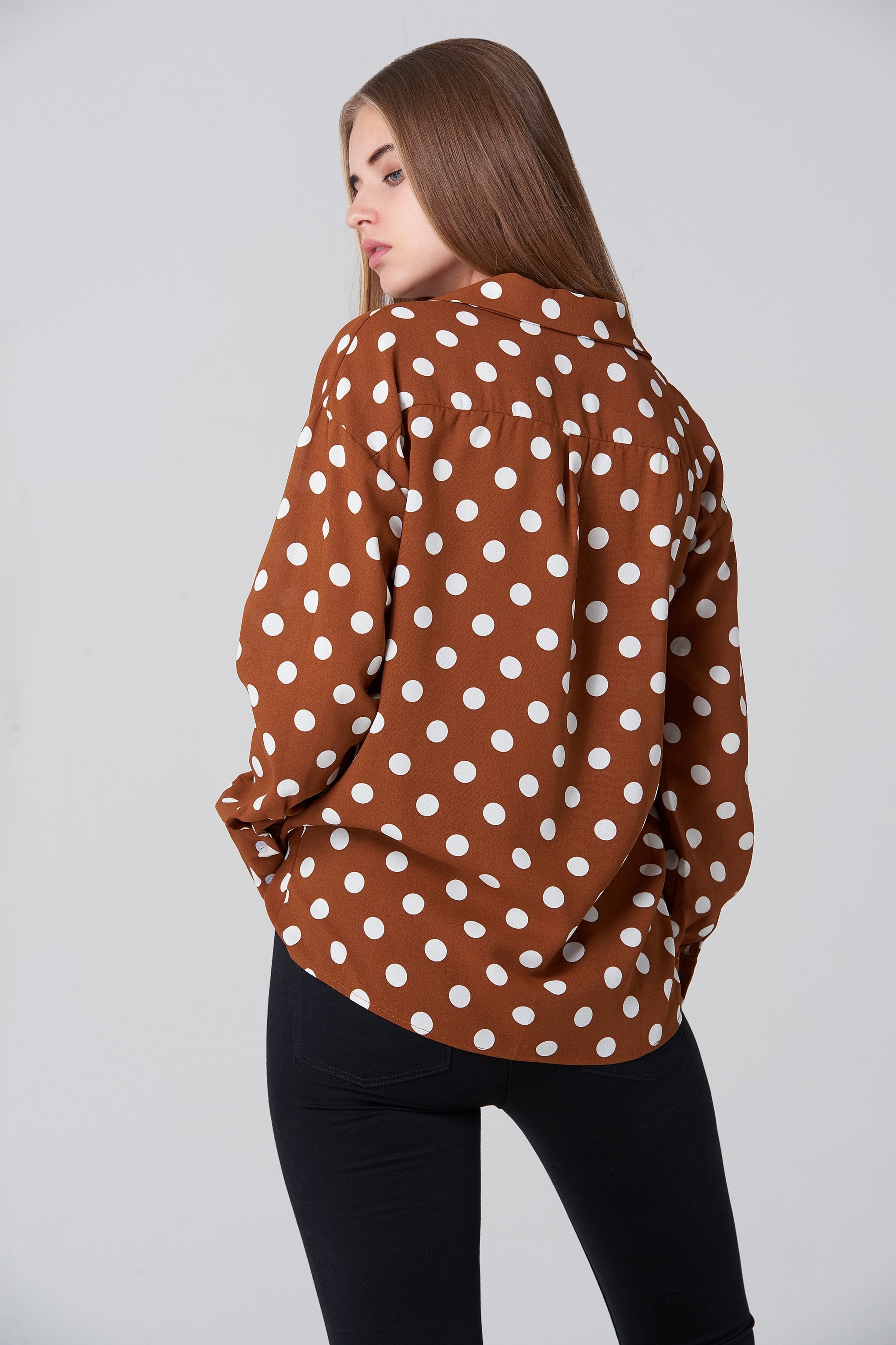 Brown and White Polka dot Long Sleeve Shirt - ownthelooks-Development