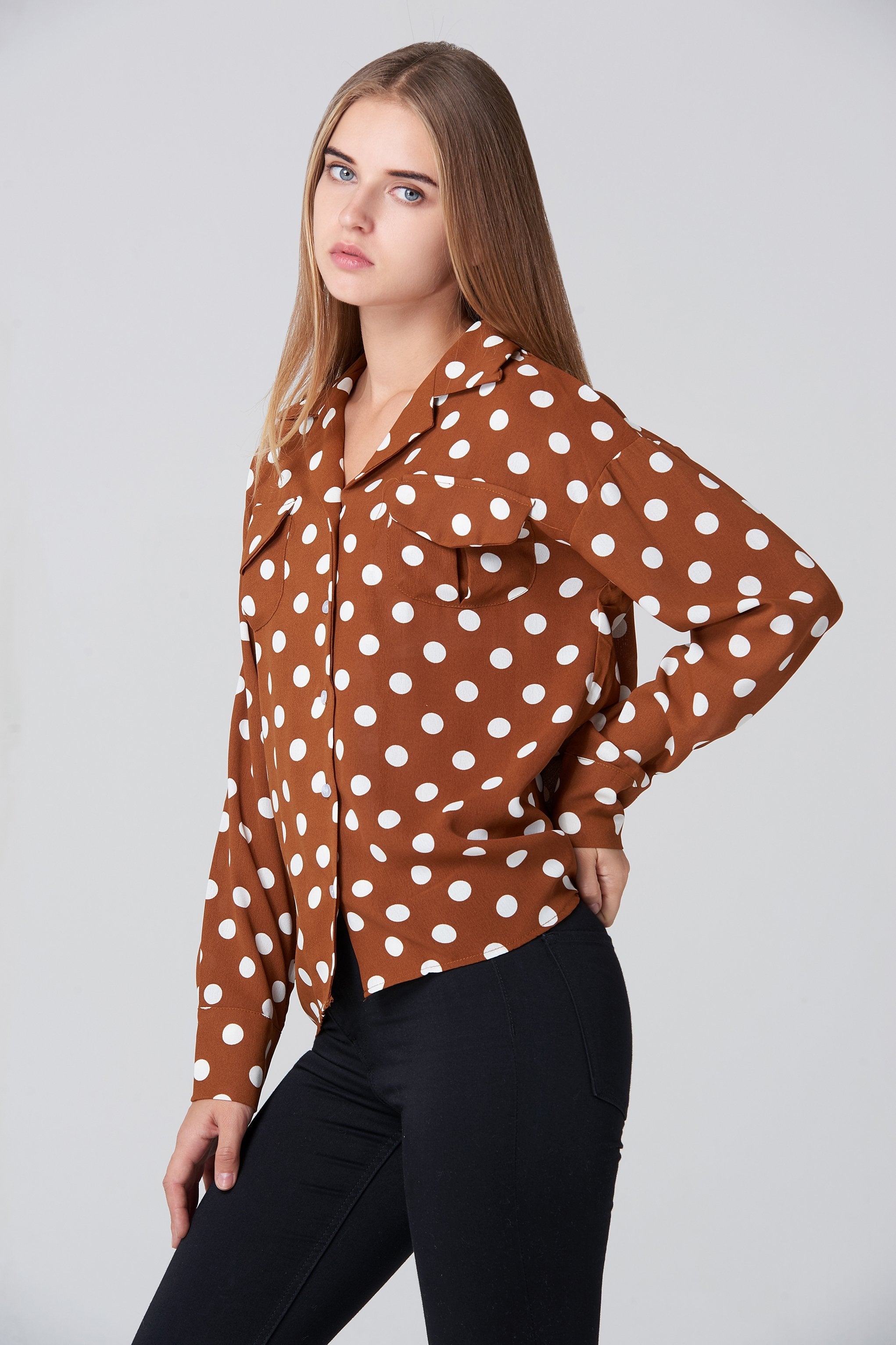 Brown and White Polka dot Long Sleeve Shirt - ownthelooks-Development