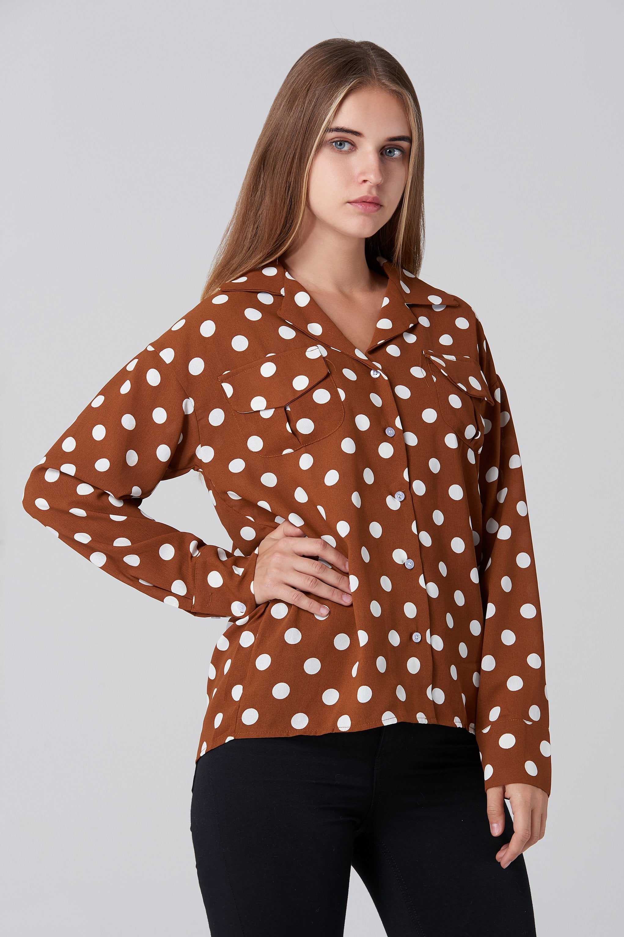 Brown and White Polka dot Long Sleeve Shirt - ownthelooks-Development