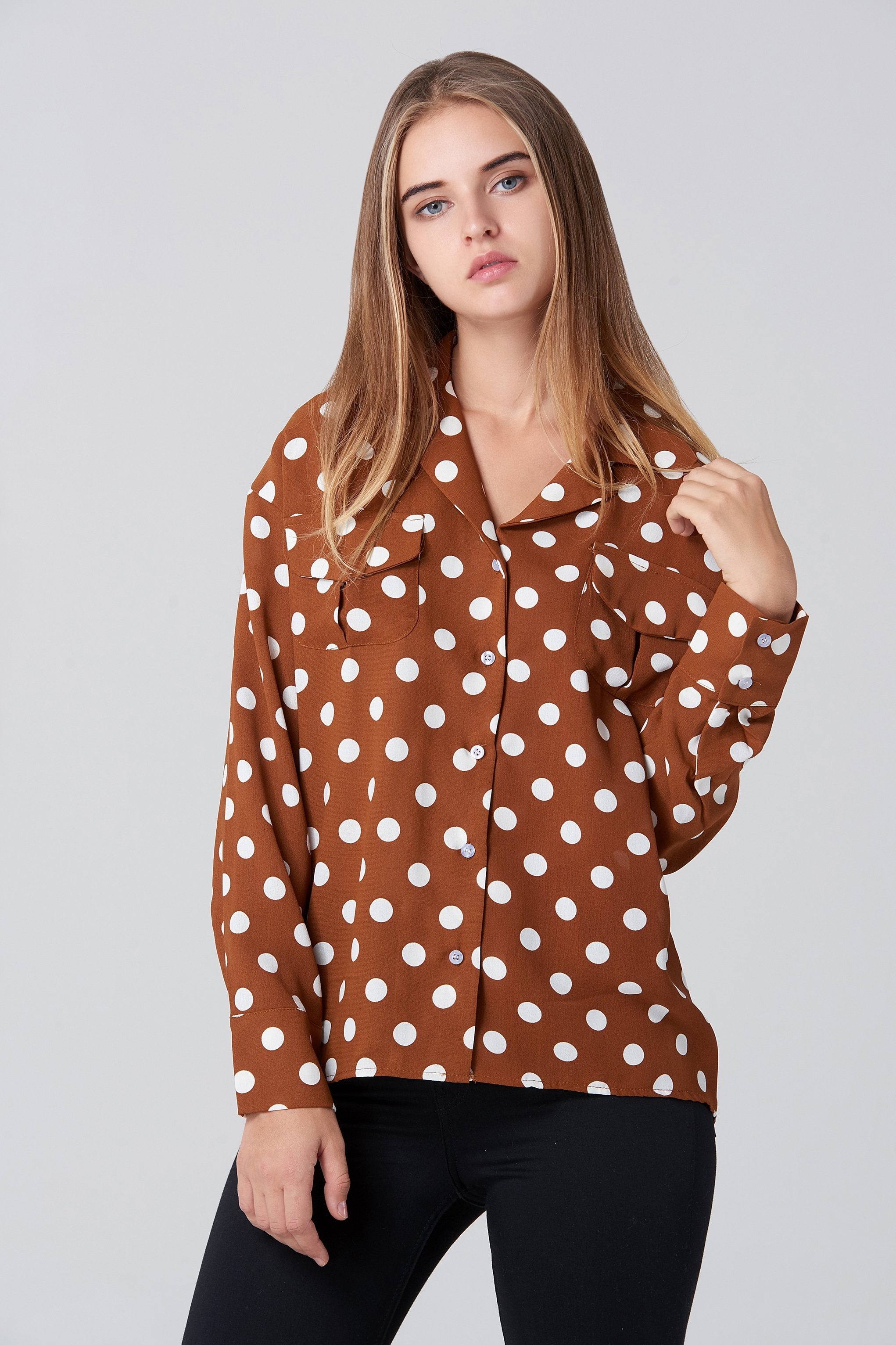 Brown and White Polka dot Long Sleeve Shirt - ownthelooks-Development