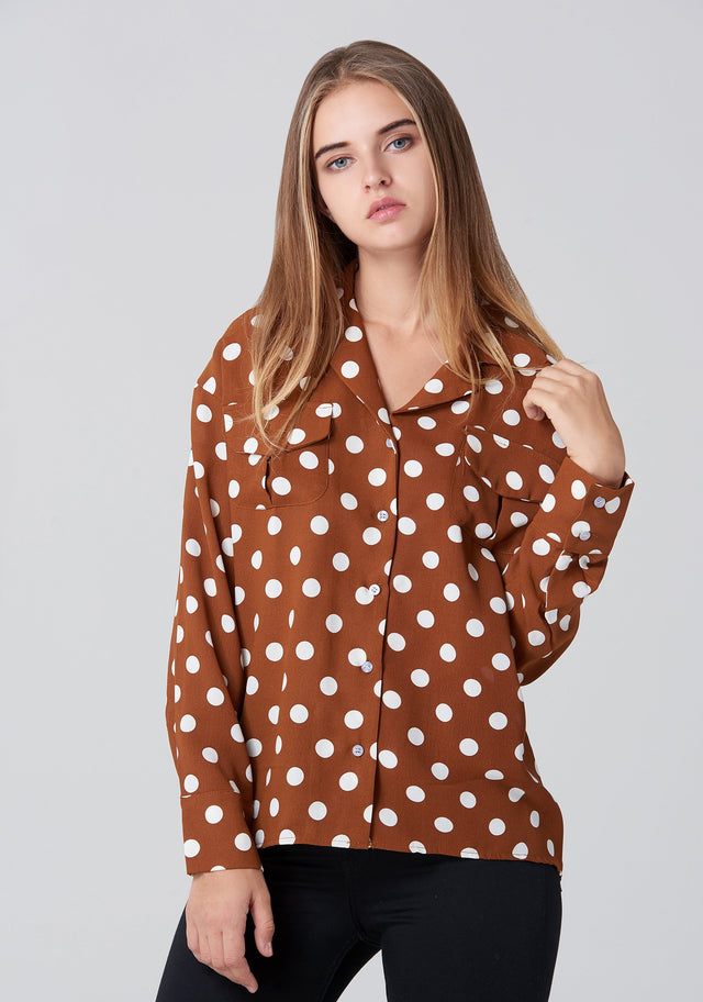 Brown and White Polka dot Long Sleeve Shirt - ownthelooks-Development