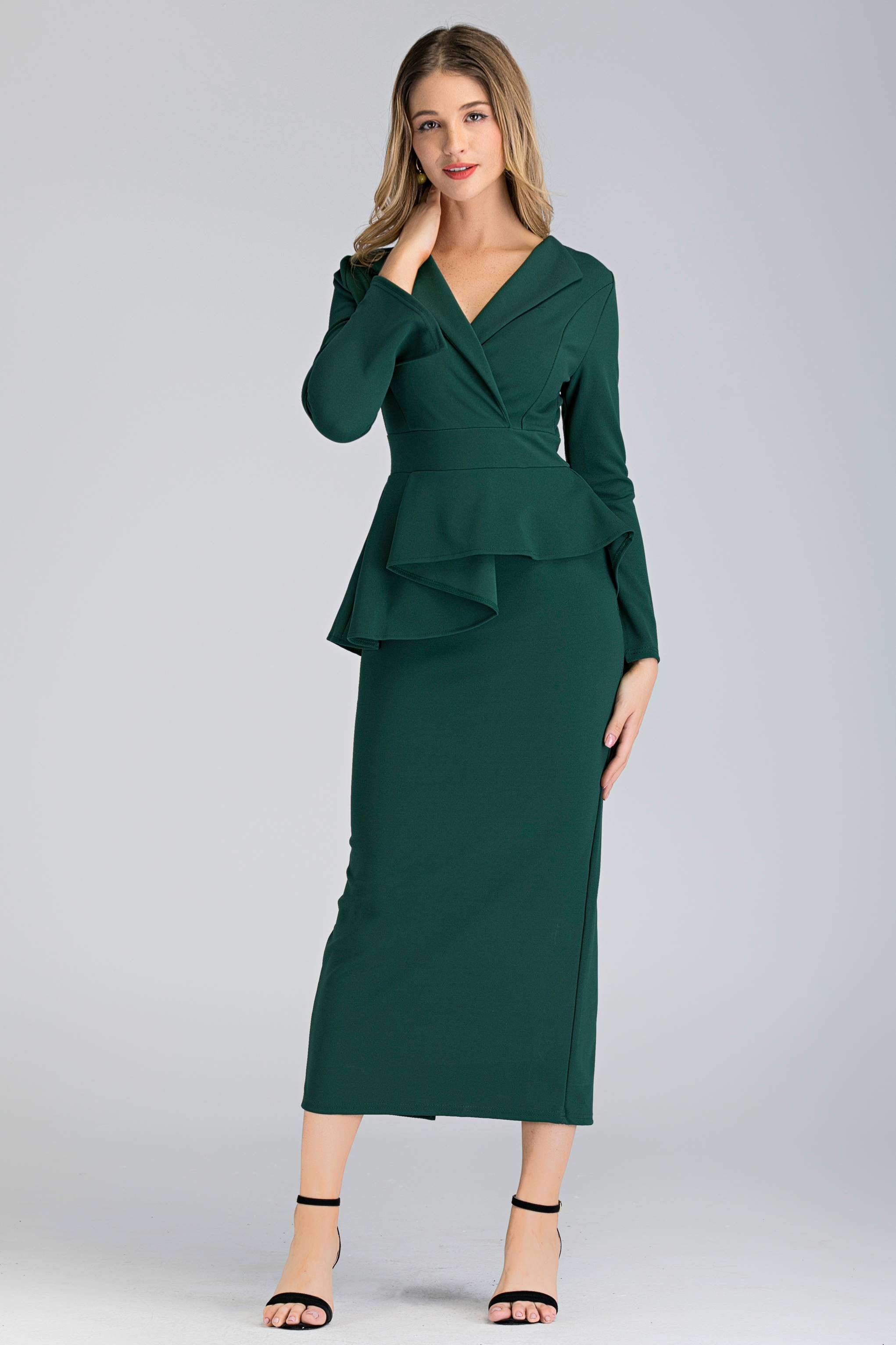 Green Collared Peplum Maxi Dress - ownthelooks-Development
