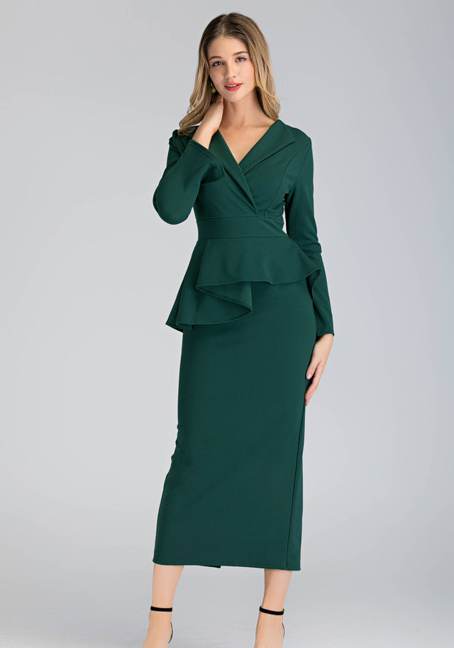 Green Collared Peplum Maxi Dress - ownthelooks-Development