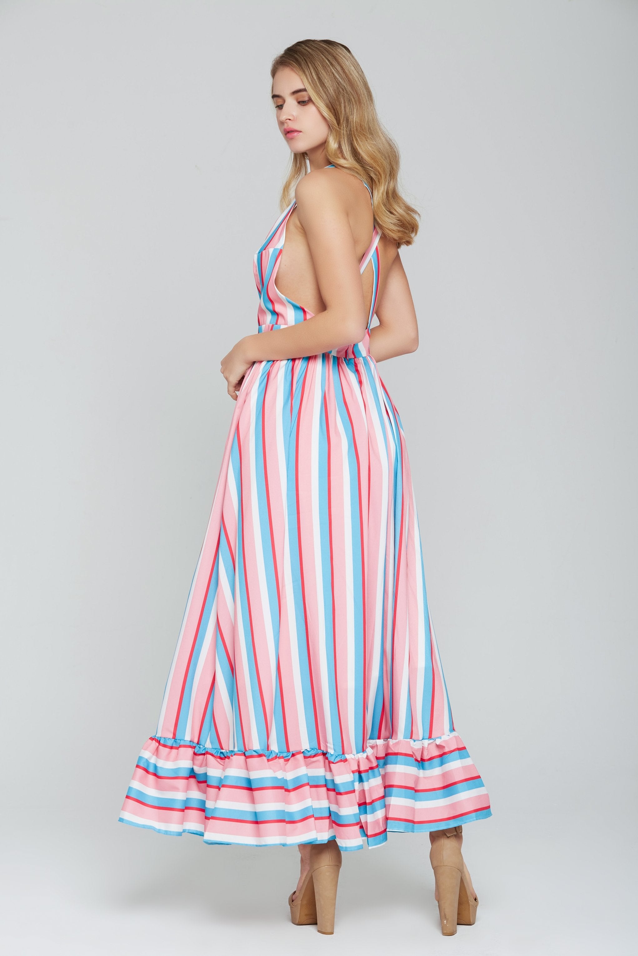 Candy Pink and Blue Striped Halter Maxi Dress - ownthelooks-Development