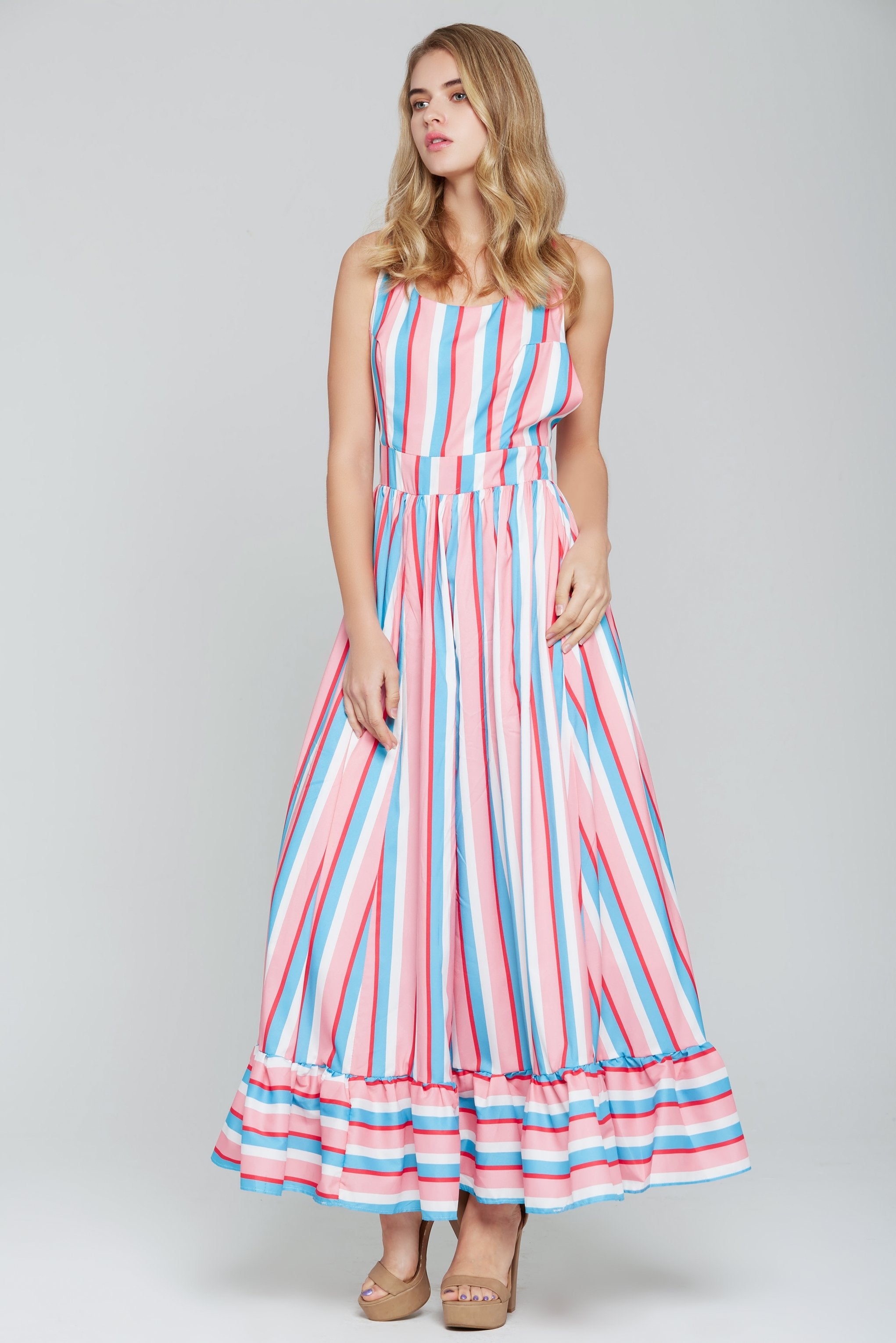 Candy Pink and Blue Striped Halter Maxi Dress - ownthelooks-Development