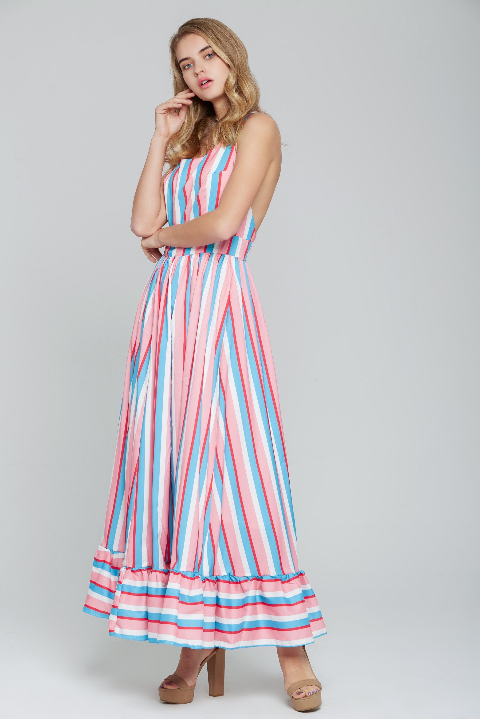 Candy Pink and Blue Striped Halter Maxi Dress - ownthelooks-Development