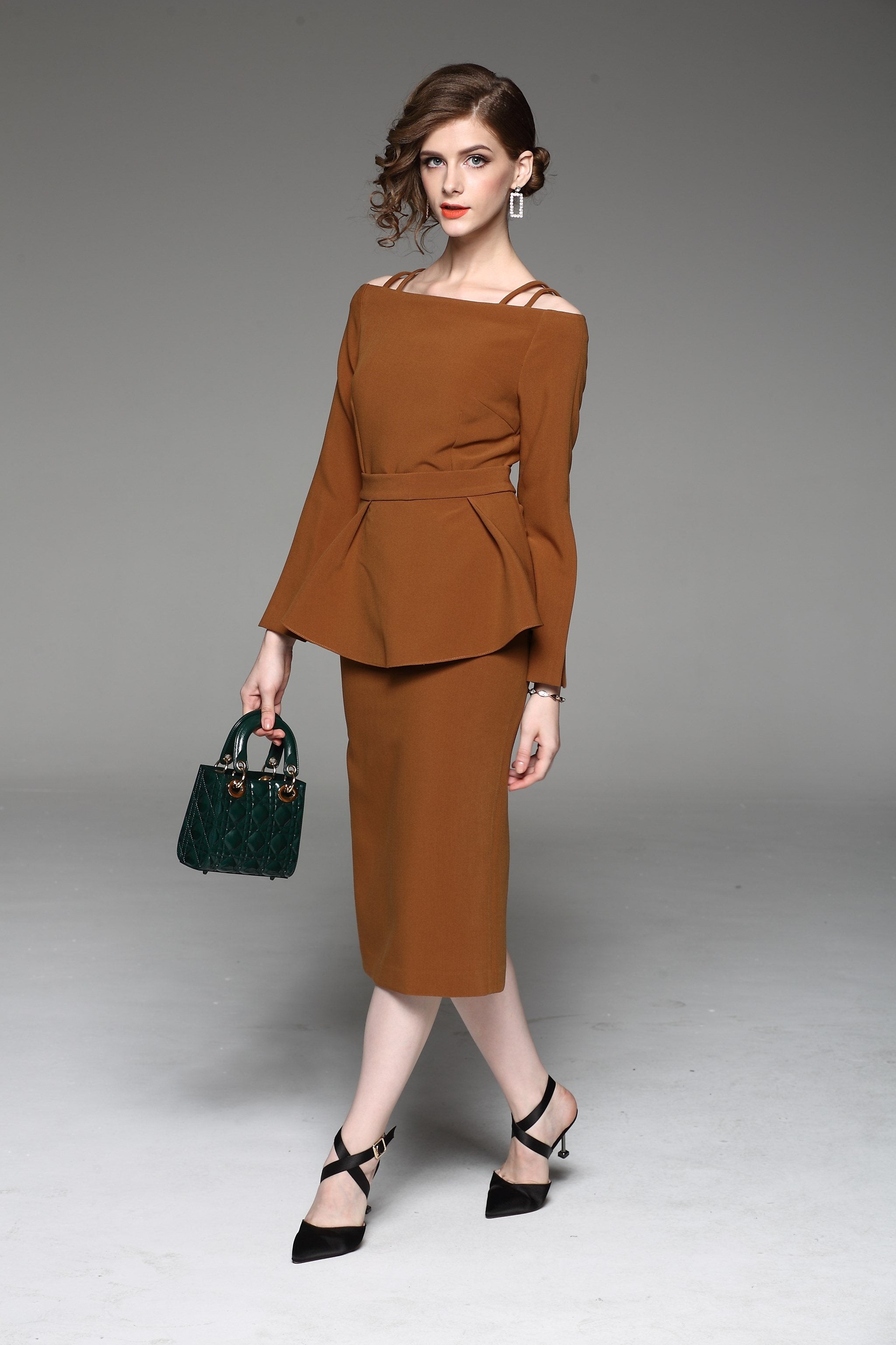 Caramel Two Piece Cold Shoulder Midi Dress - ownthelooks-Development