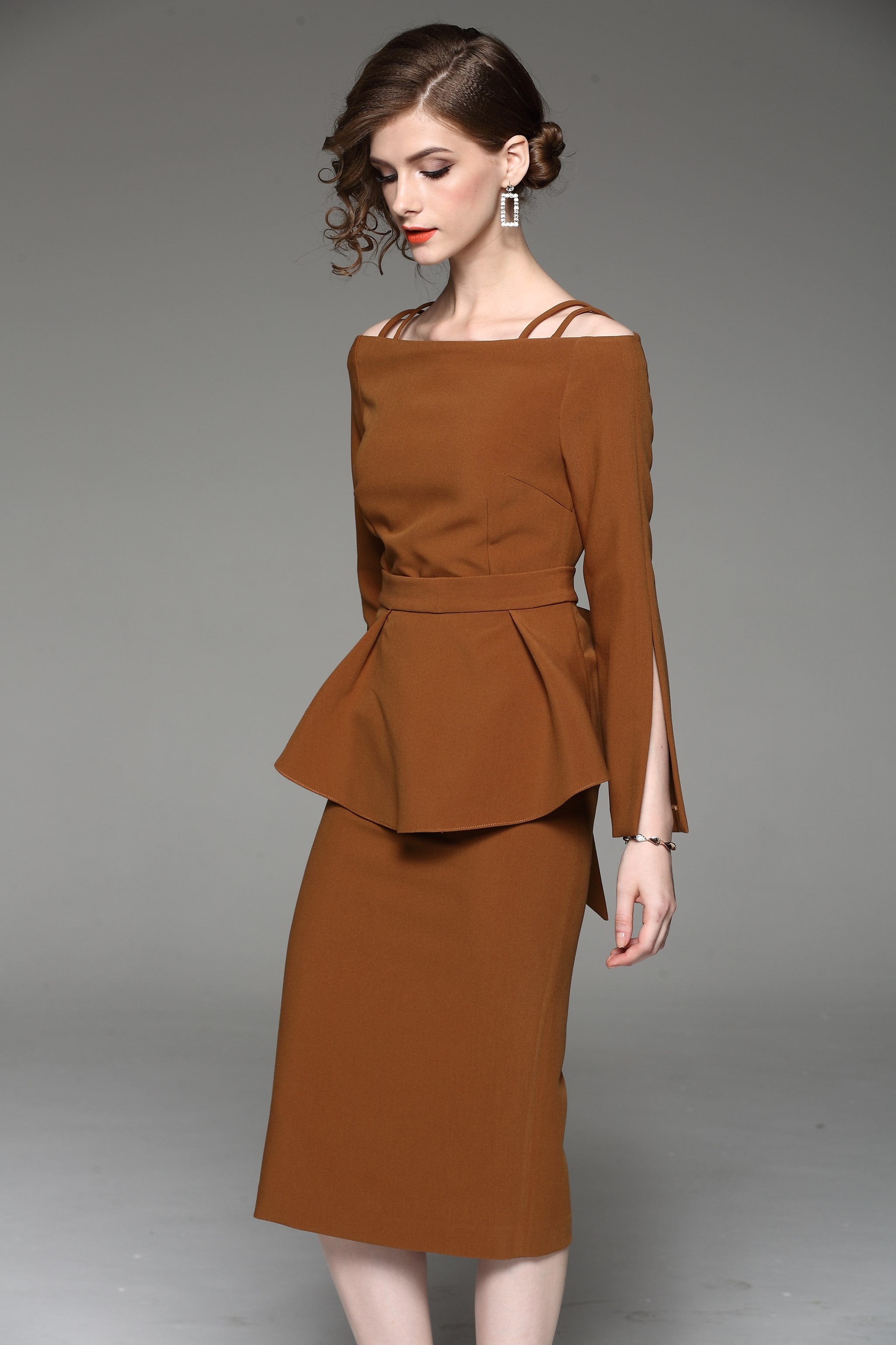 Caramel Two Piece Cold Shoulder Midi Dress - ownthelooks-Development