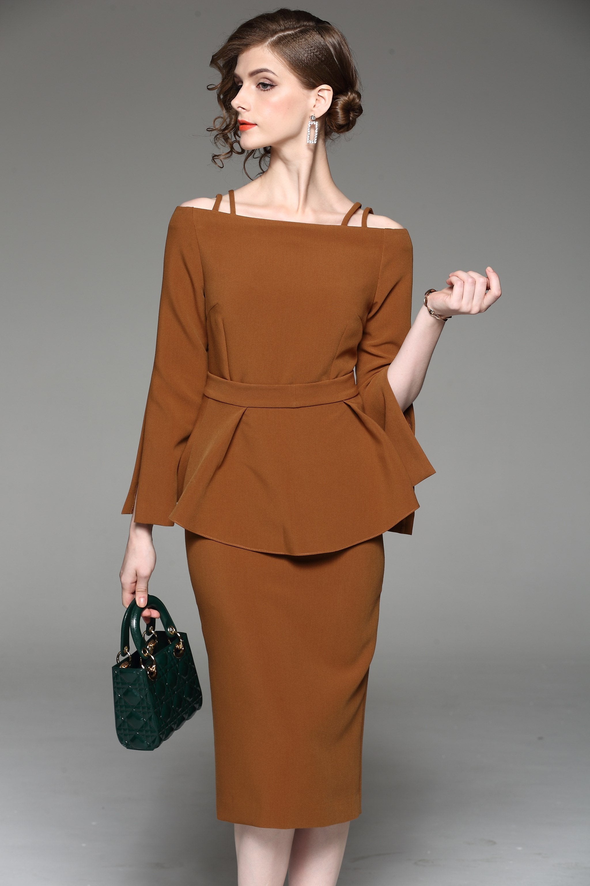 Caramel Two Piece Cold Shoulder Midi Dress - ownthelooks-Development