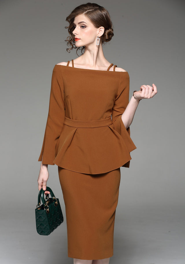 Caramel Two Piece Cold Shoulder Midi Dress - ownthelooks-Development