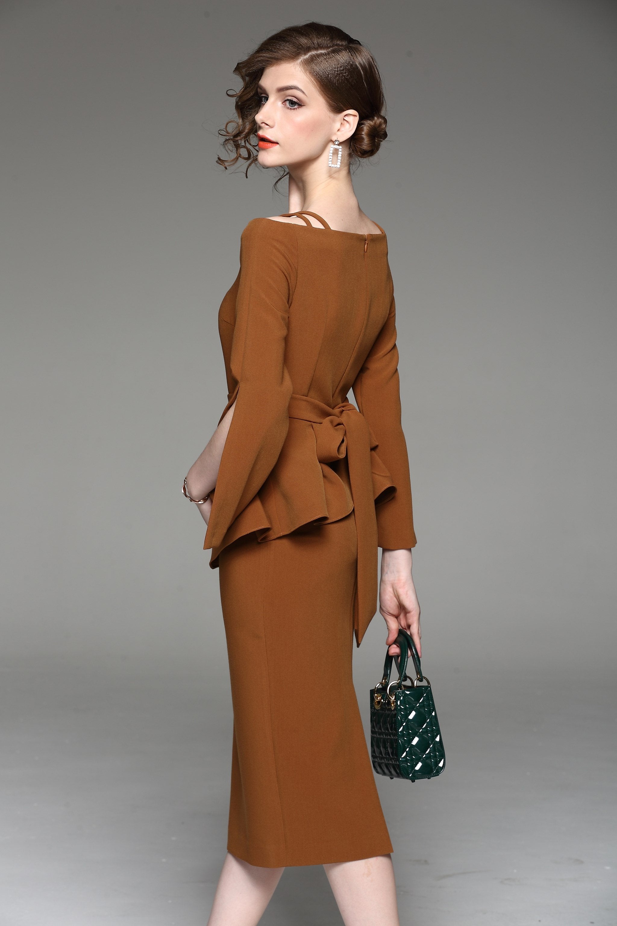 Caramel Two Piece Cold Shoulder Midi Dress - ownthelooks-Development