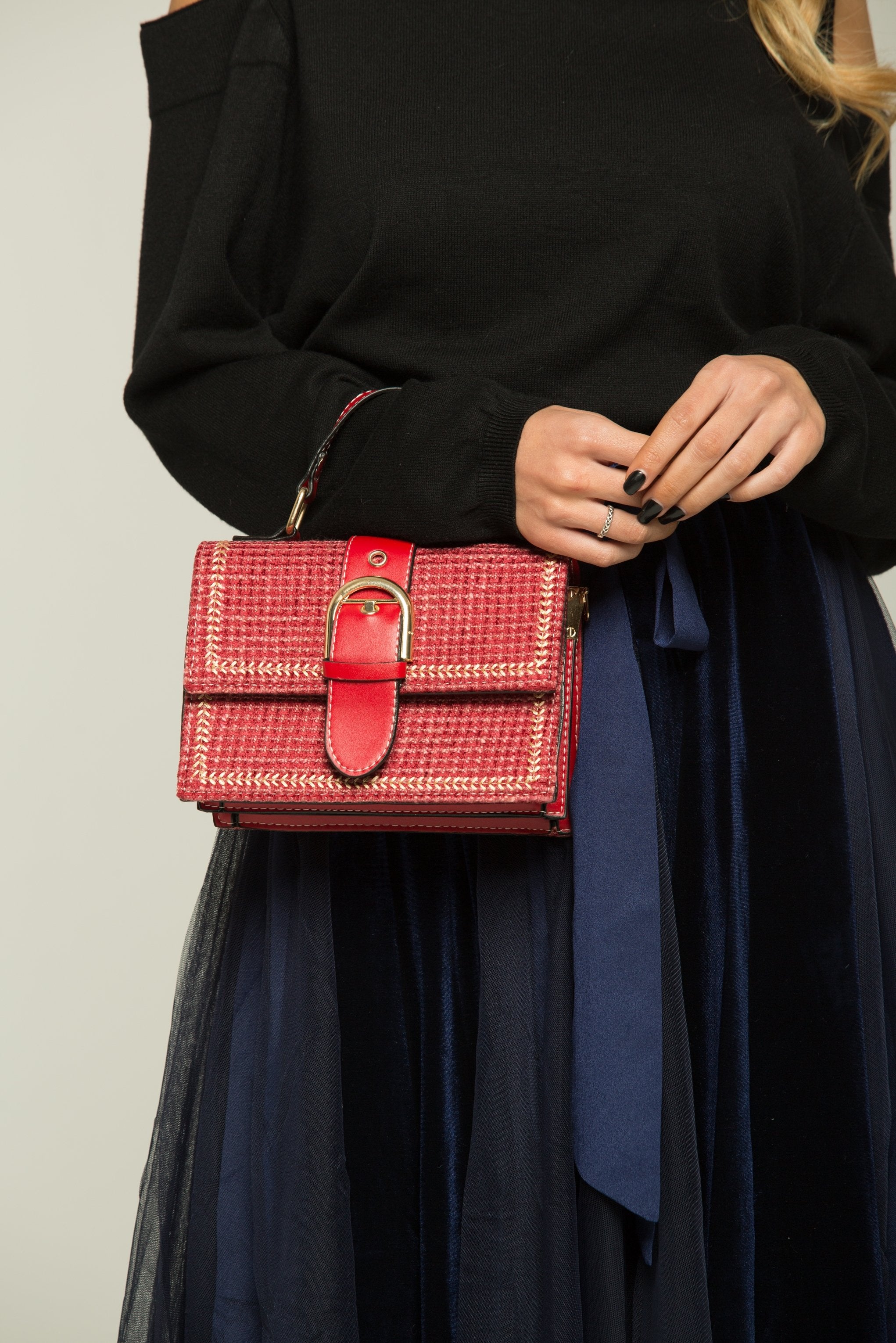 Carmine Red Buckle Handbag - ownthelooks-Development