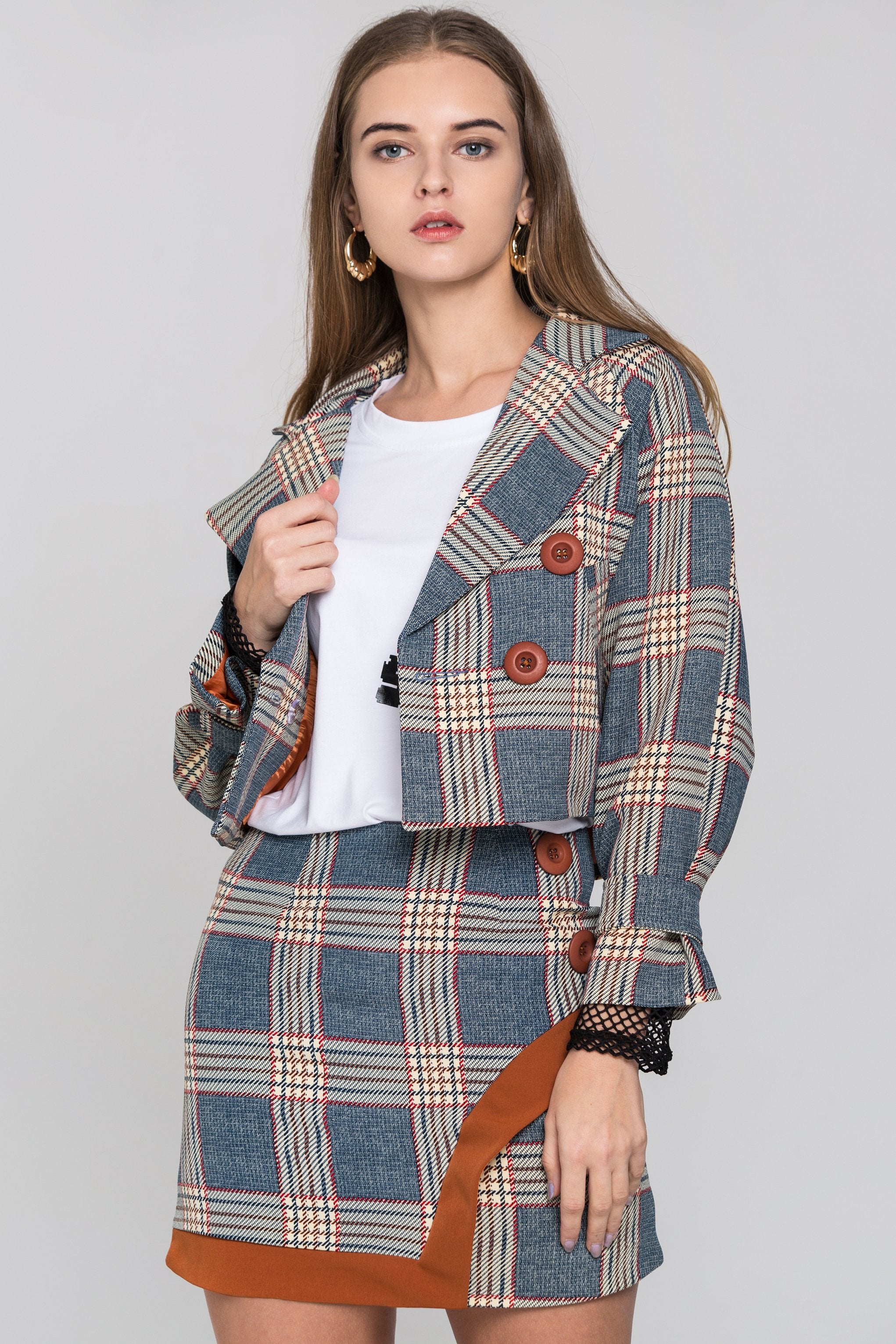 Chambray and Orange Tartan Blazer and Skirt Set - ownthelooks-Development