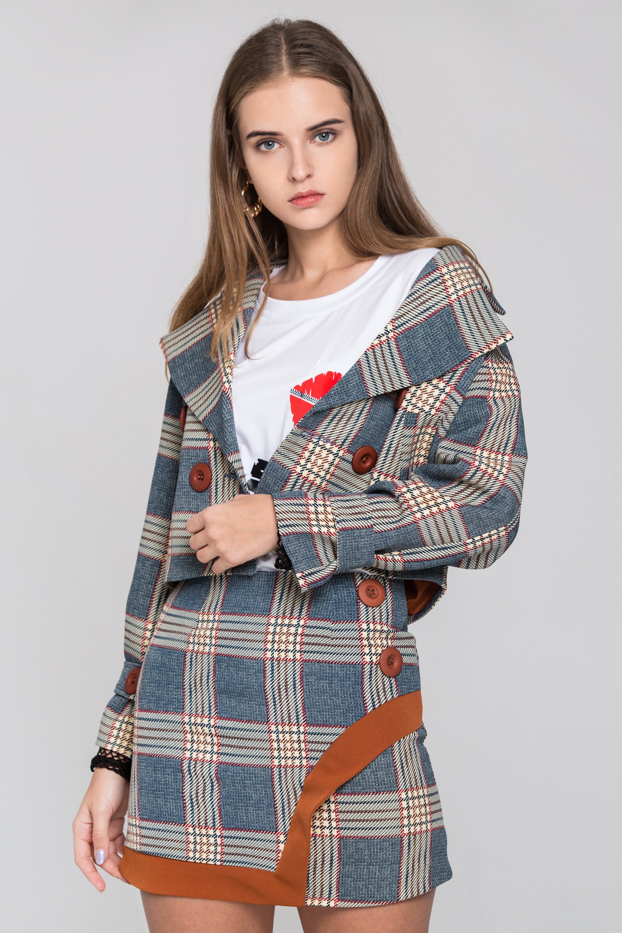 Chambray and Orange Tartan Blazer and Skirt Set - ownthelooks-Development