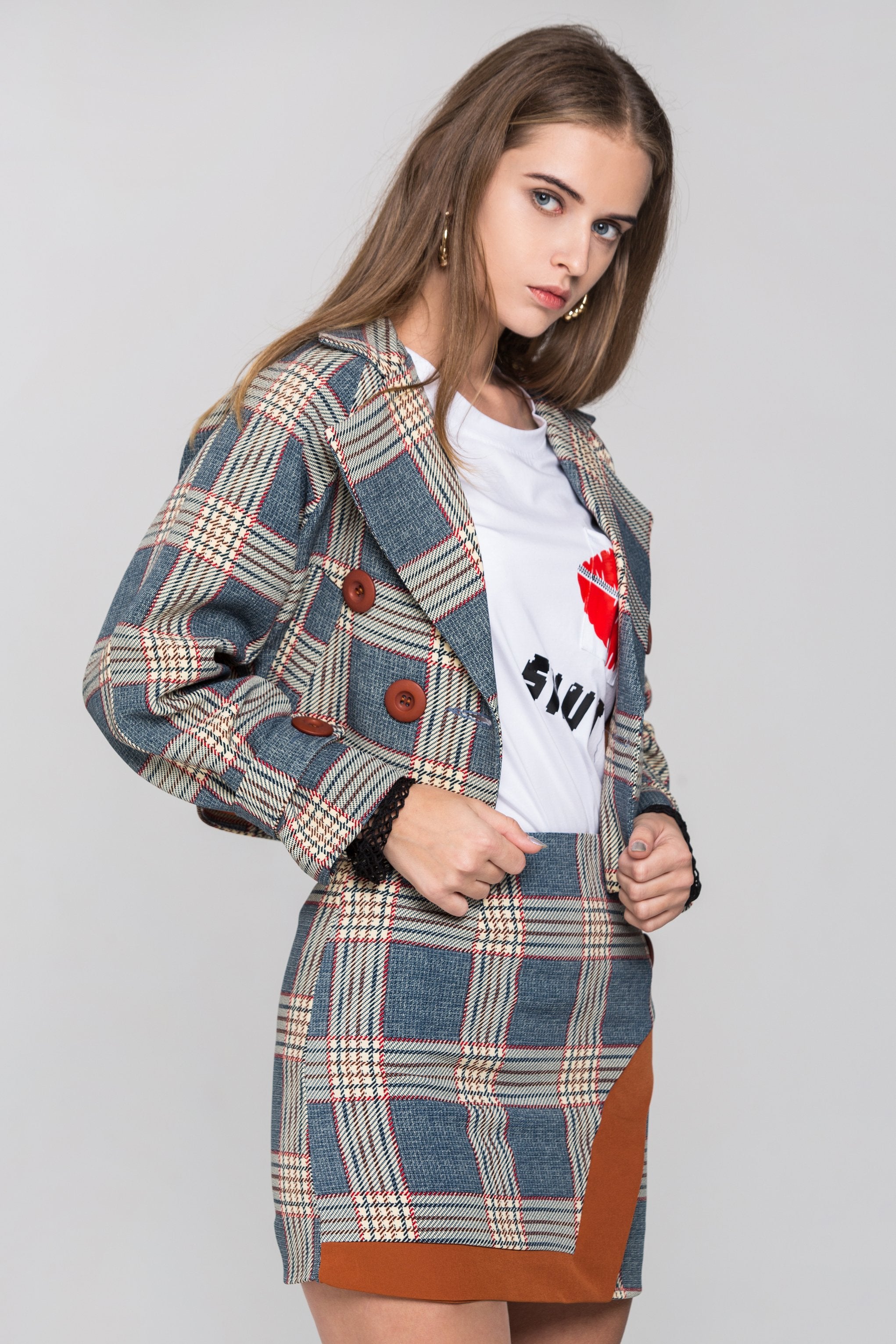 Chambray and Orange Tartan Blazer and Skirt Set - ownthelooks-Development