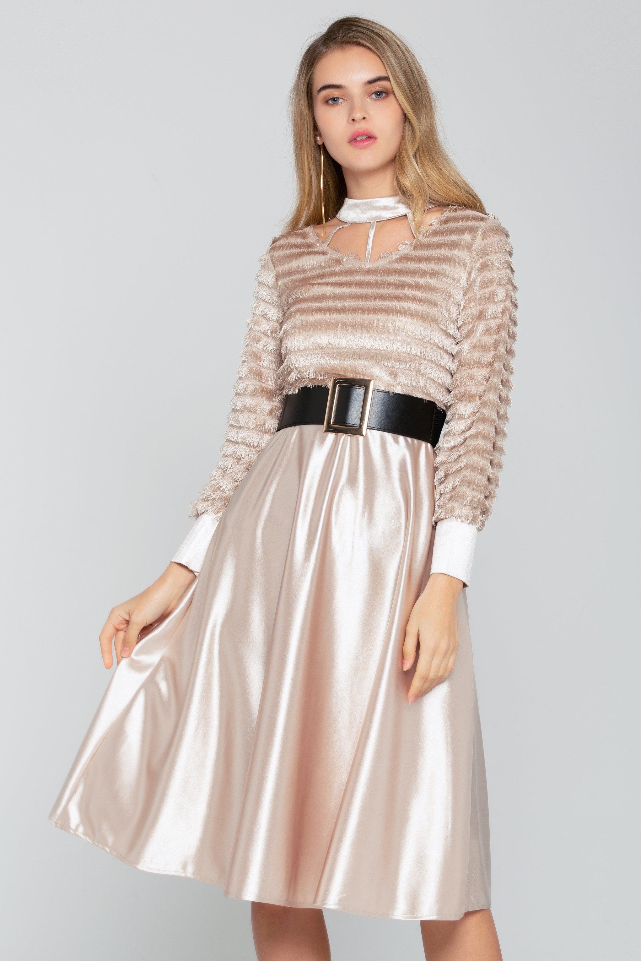 Champagne Gold Tiered Thread-detail Gown with Belt - ownthelooks-Development