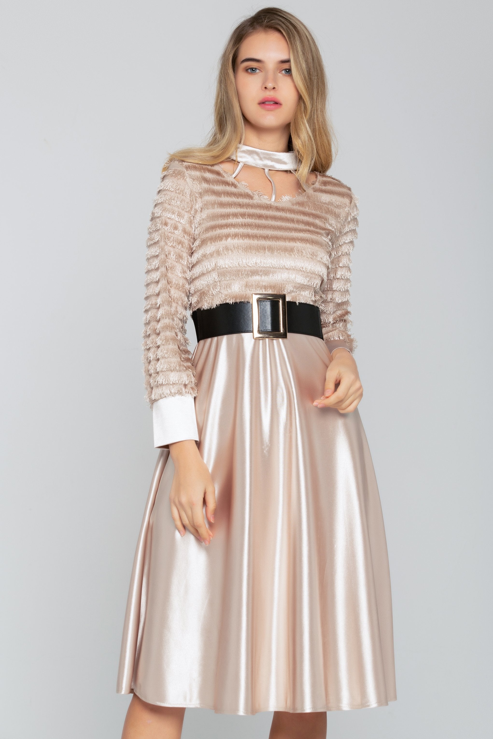 Champagne Gold Tiered Thread-detail Gown with Belt - ownthelooks-Development