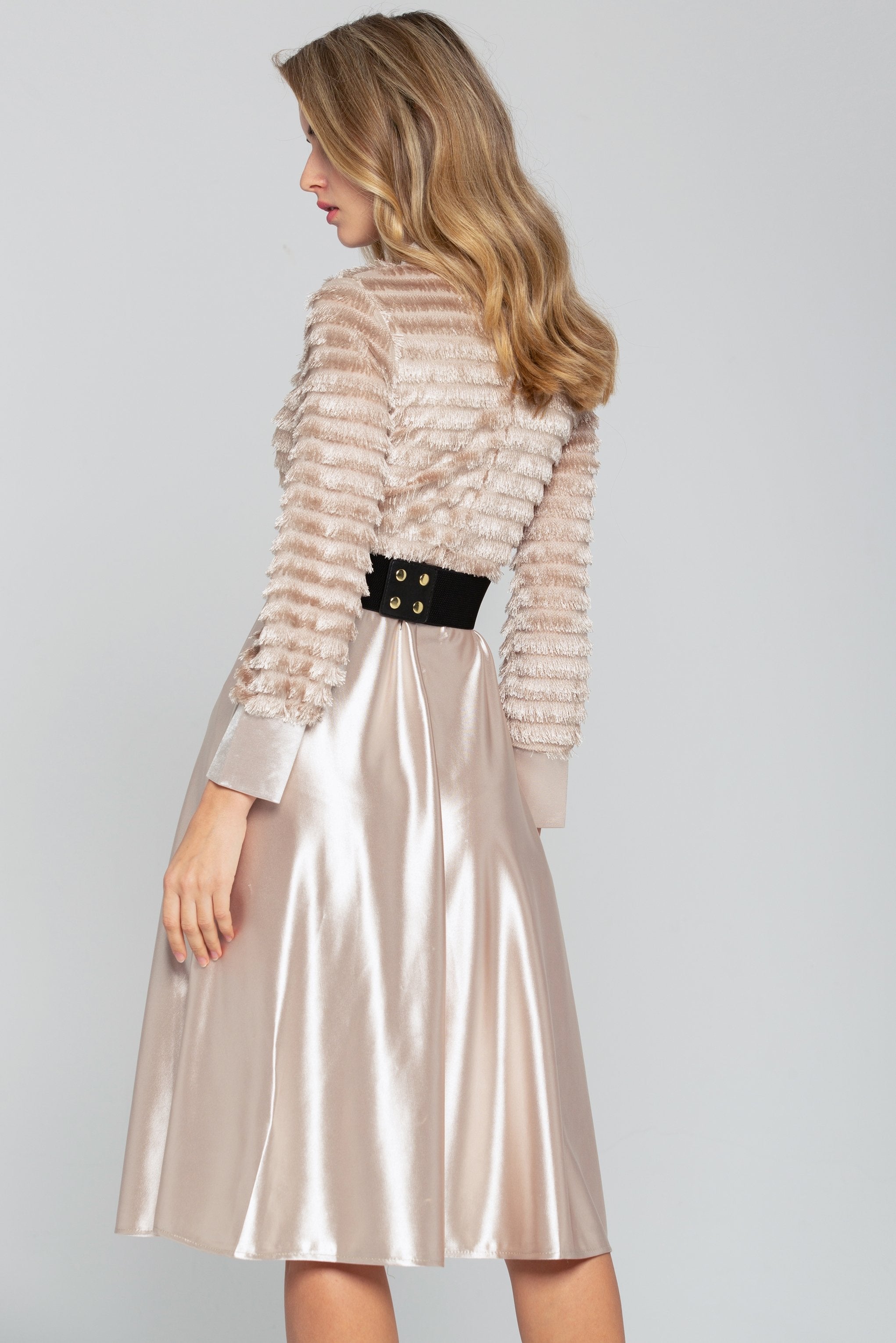 Champagne Gold Tiered Thread-detail Gown with Belt - ownthelooks-Development