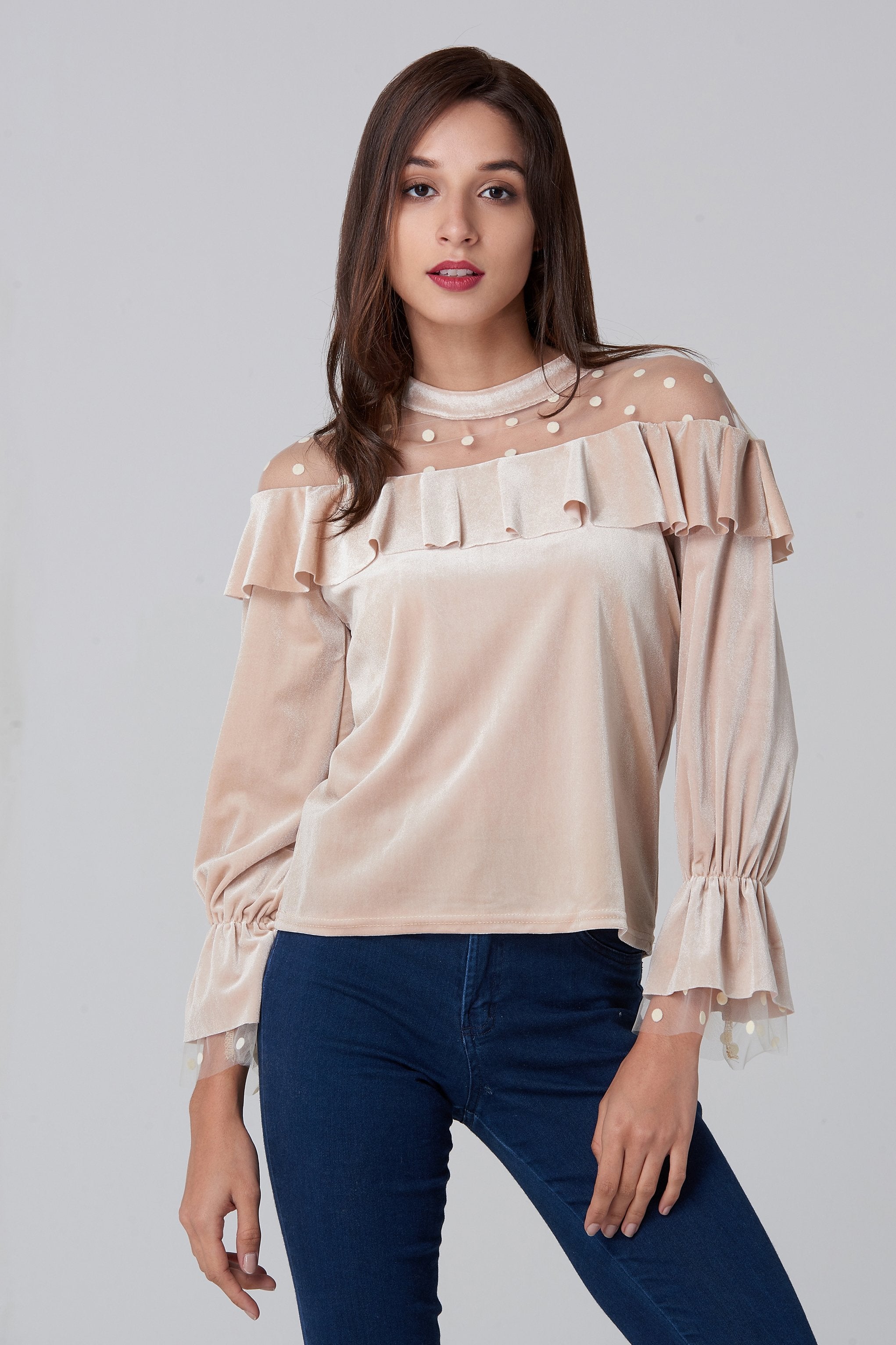 Champagne Velvet Sheer Polka dot Yoke Bardot Top - ownthelooks-Development