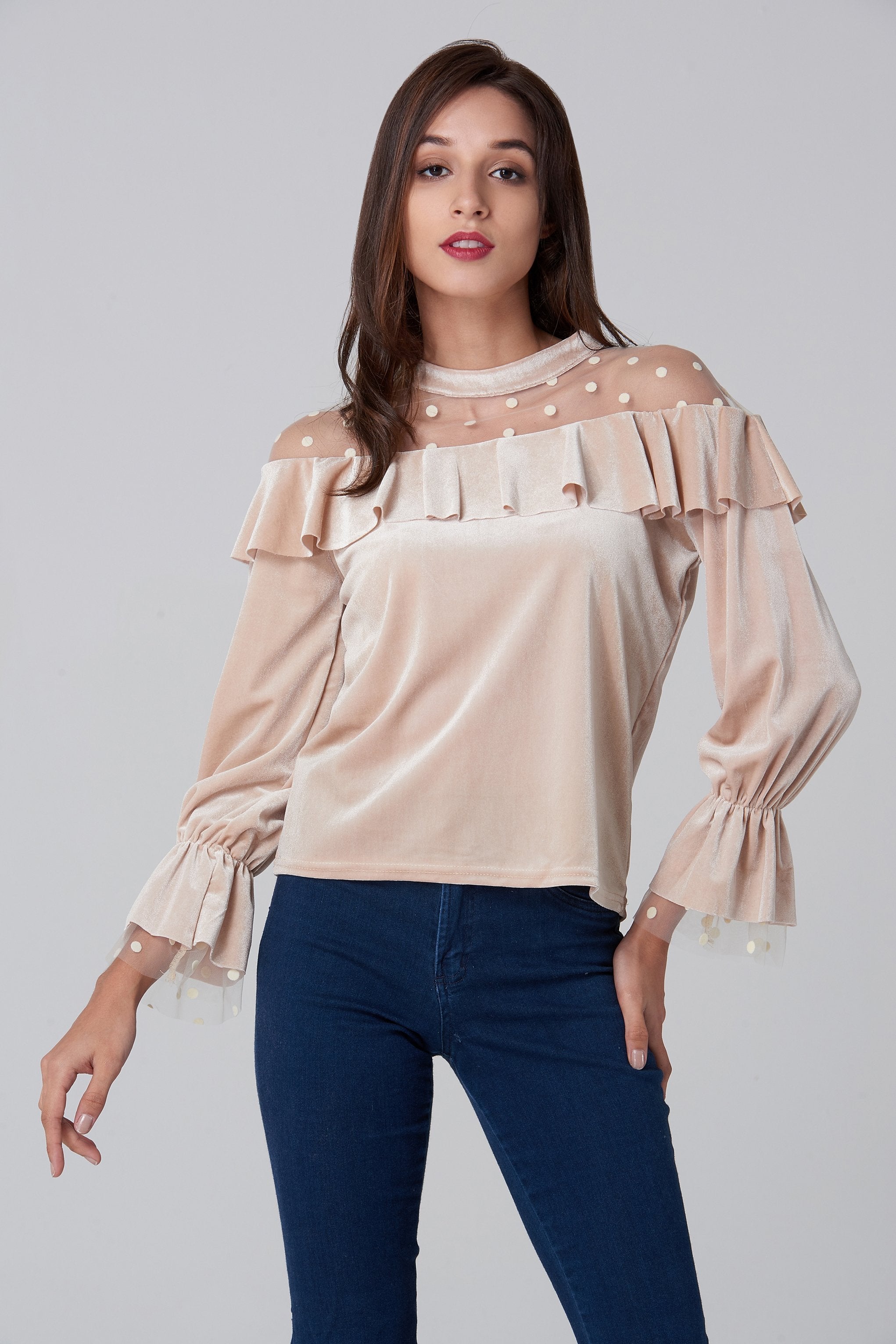 Champagne Velvet Sheer Polka dot Yoke Bardot Top - ownthelooks-Development