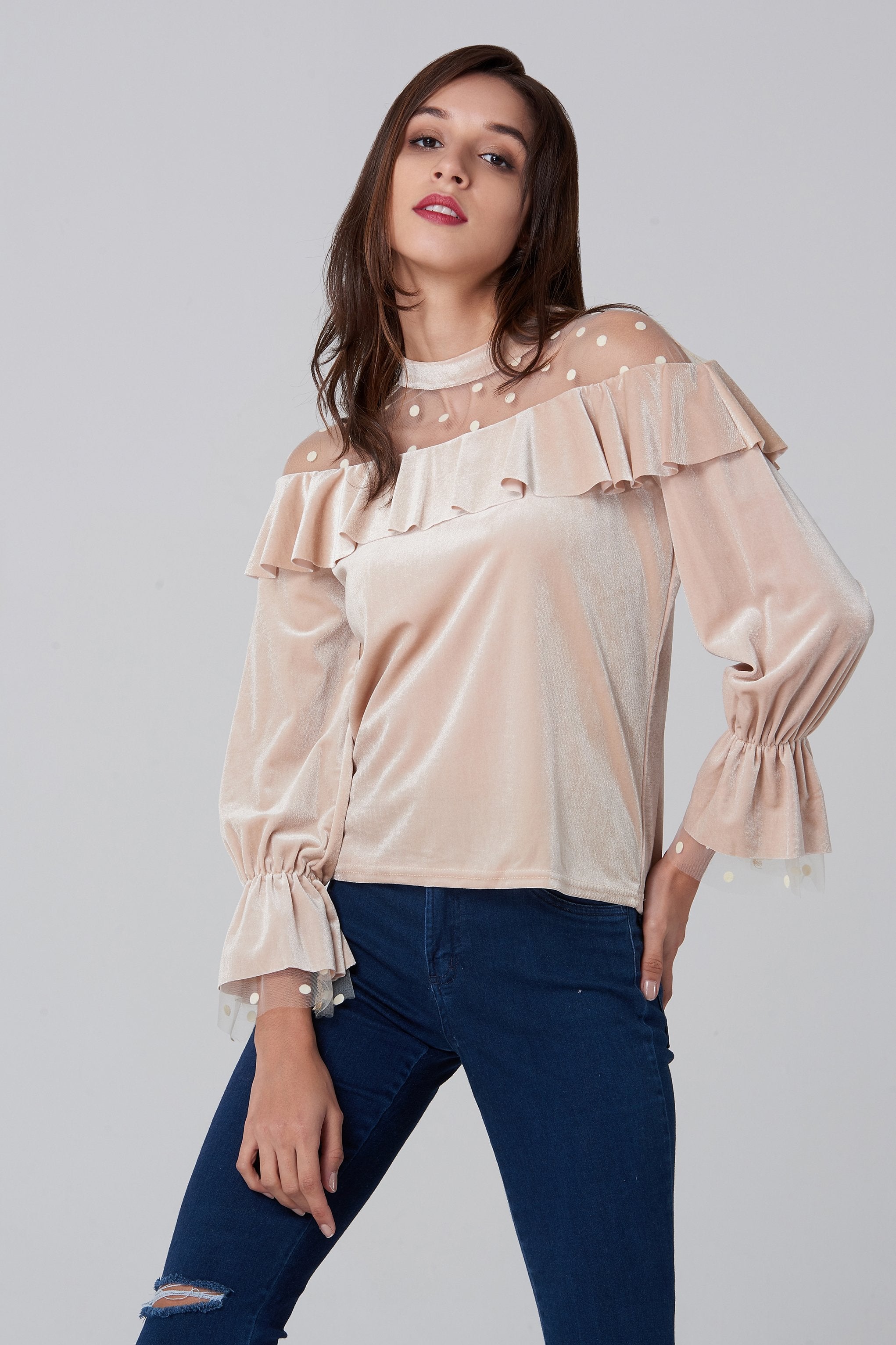 Champagne Velvet Sheer Polka dot Yoke Bardot Top - ownthelooks-Development