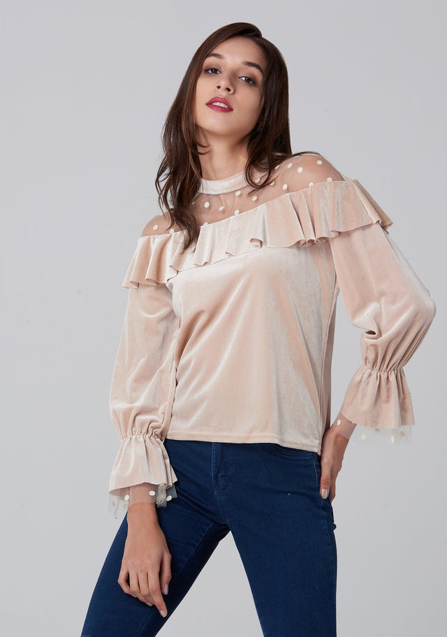 Champagne Velvet Sheer Polka dot Yoke Bardot Top - ownthelooks-Development