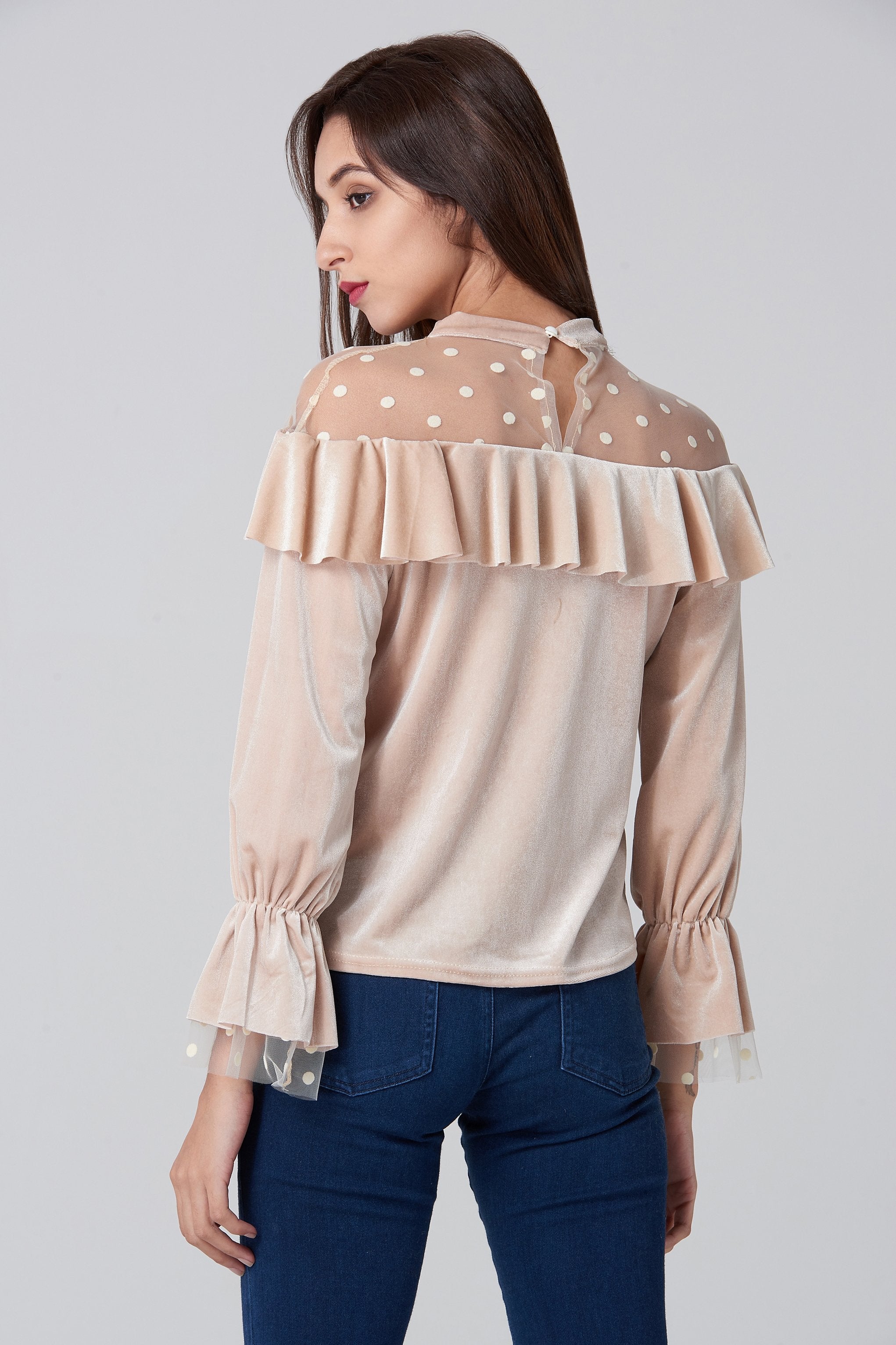 Champagne Velvet Sheer Polka dot Yoke Bardot Top - ownthelooks-Development