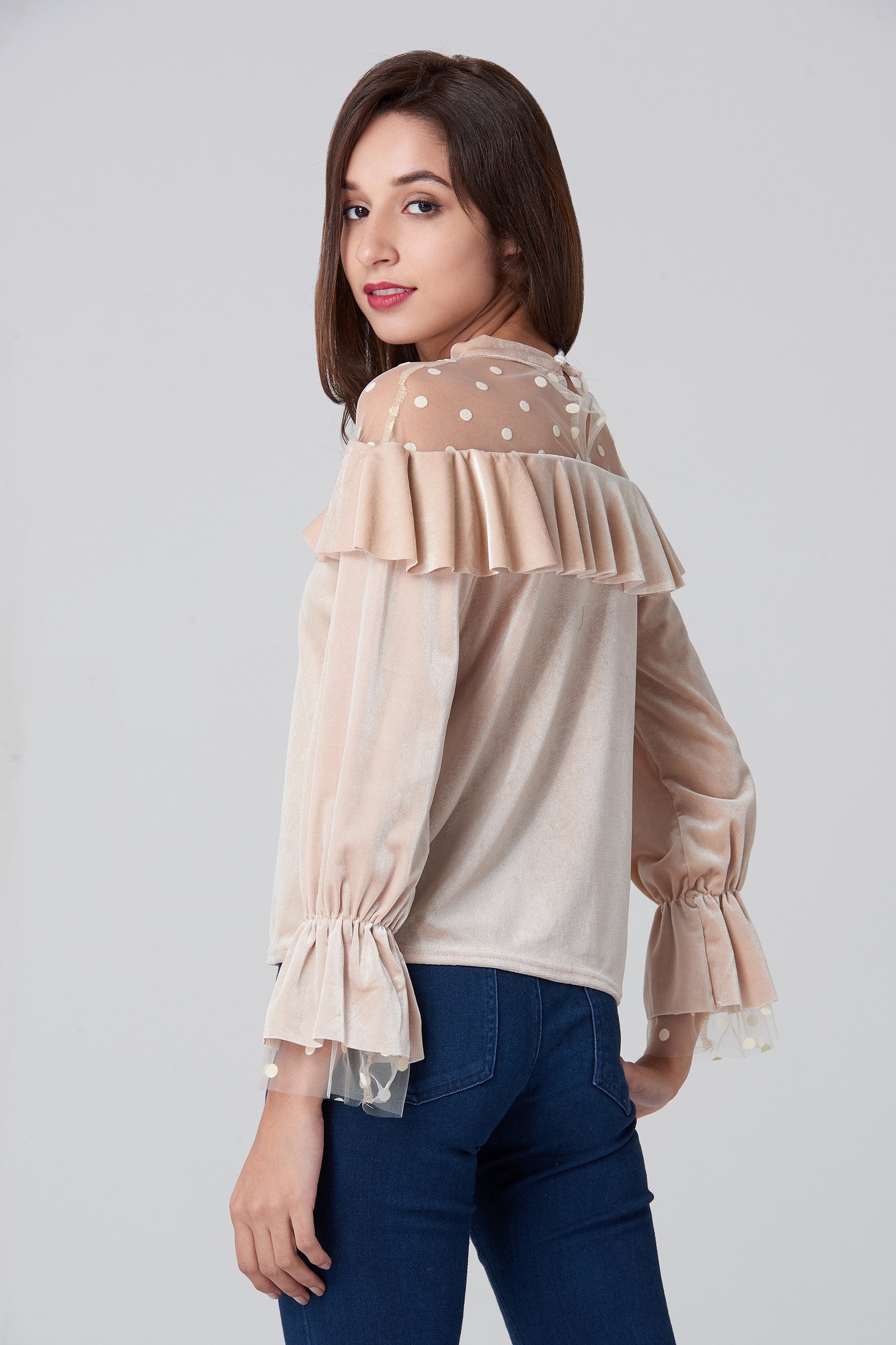 Champagne Velvet Sheer Polka dot Yoke Bardot Top - ownthelooks-Development