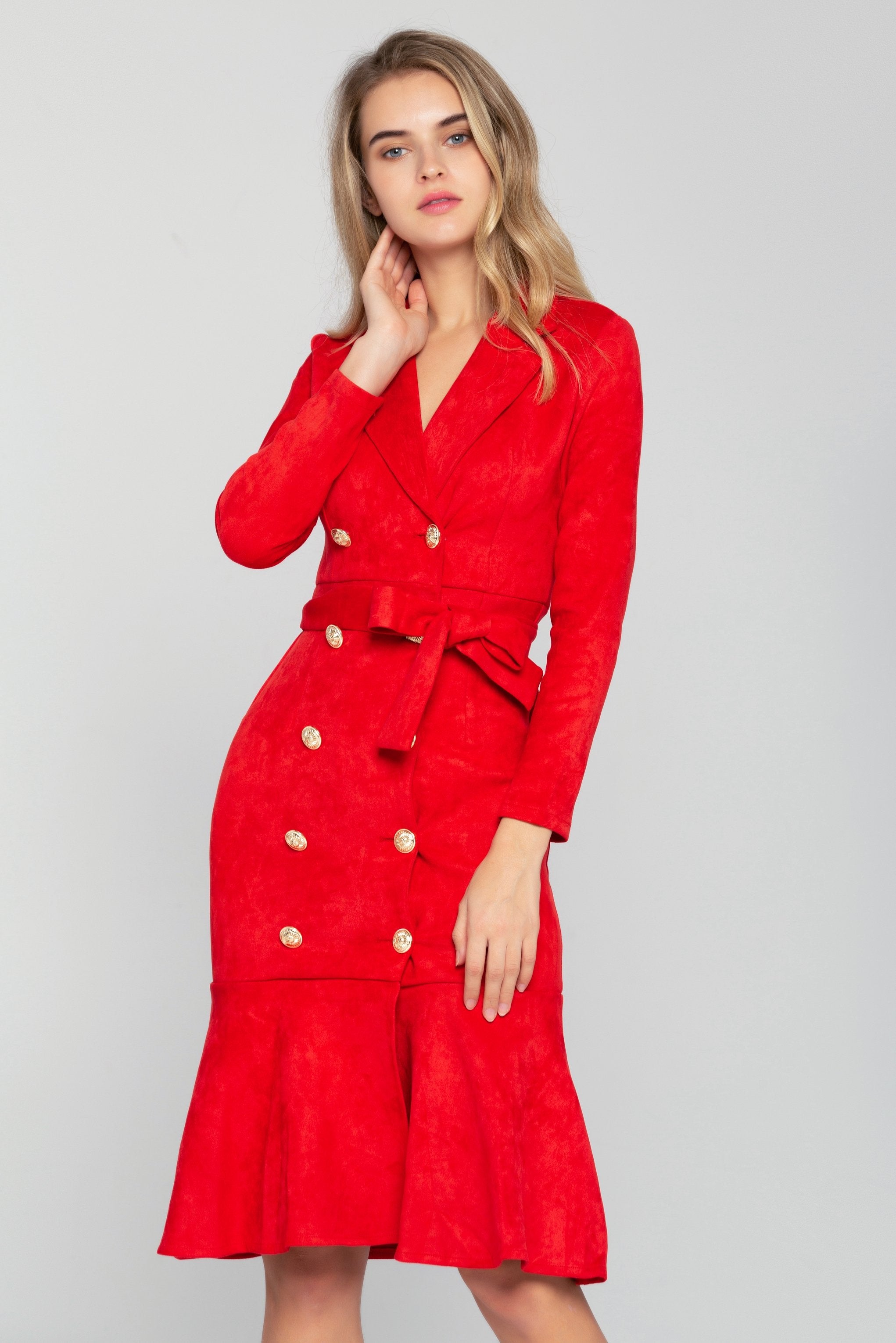 Cherry Red Button-up  Full Sleeves Midi Dress - ownthelooks-Development