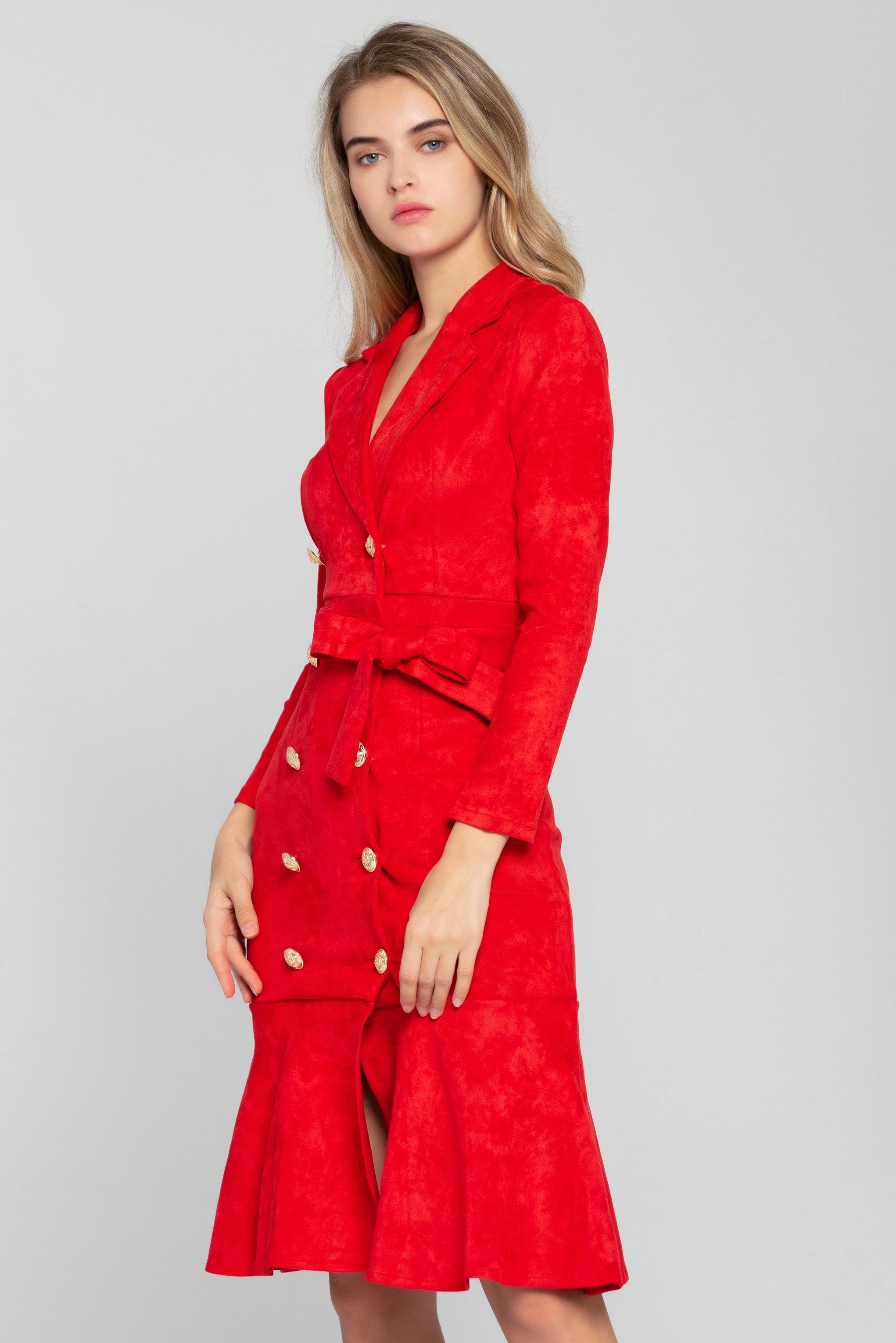 Cherry Red Button-up  Full Sleeves Midi Dress - ownthelooks-Development