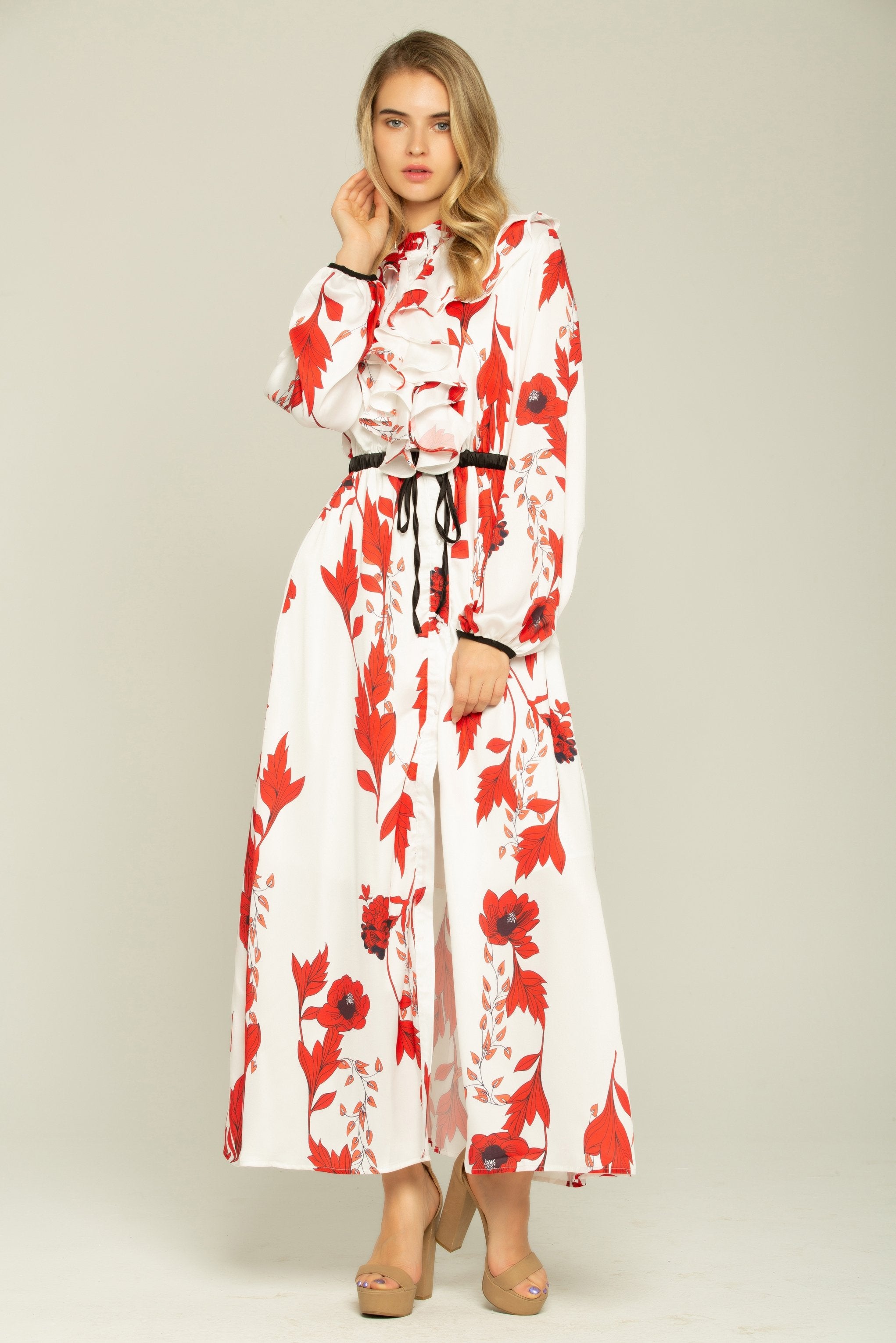 Cherry Red and Cream Ruffle Front Collar Kimono Dress - ownthelooks-Development