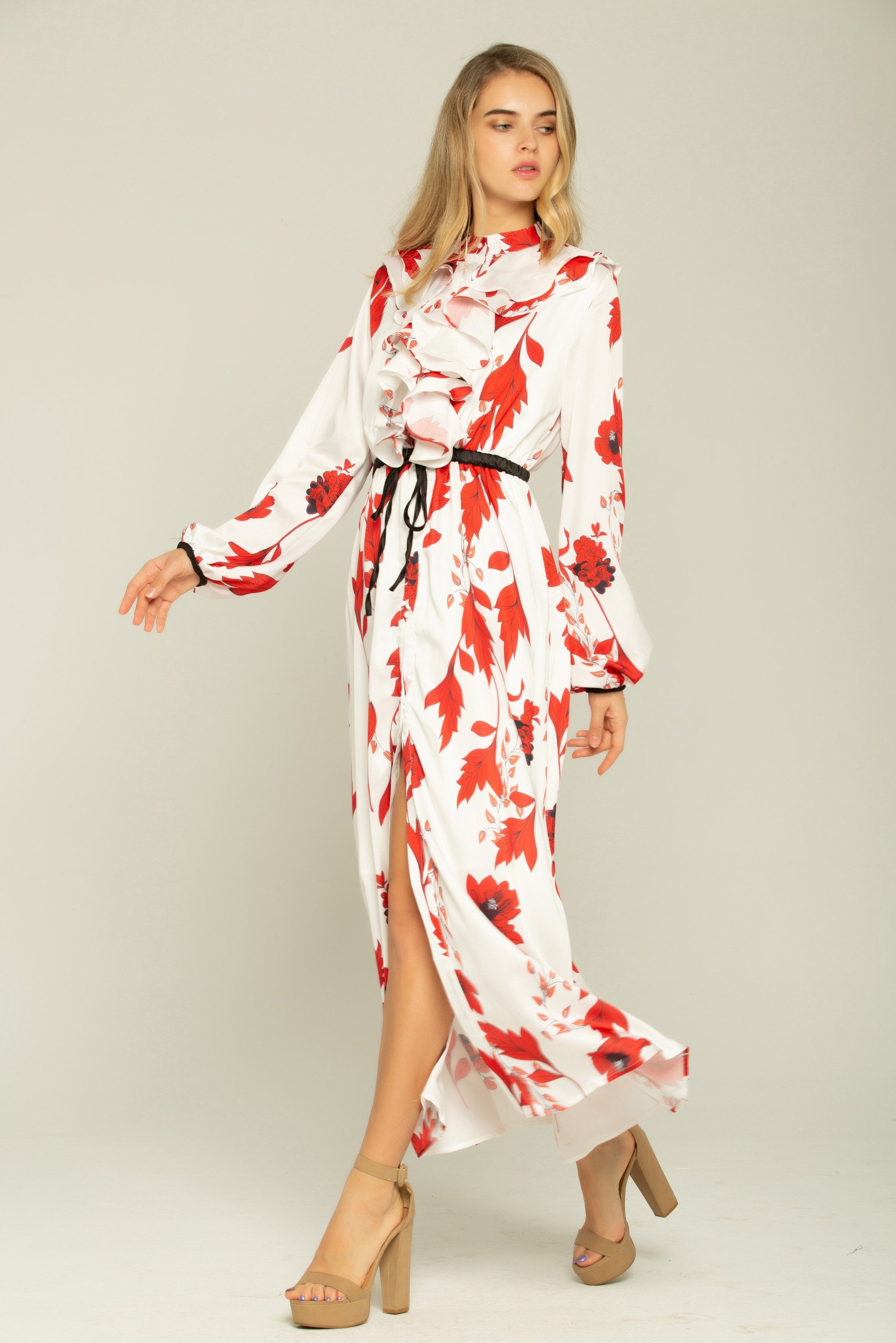 Cherry Red and Cream Ruffle Front Collar Kimono Dress - ownthelooks-Development