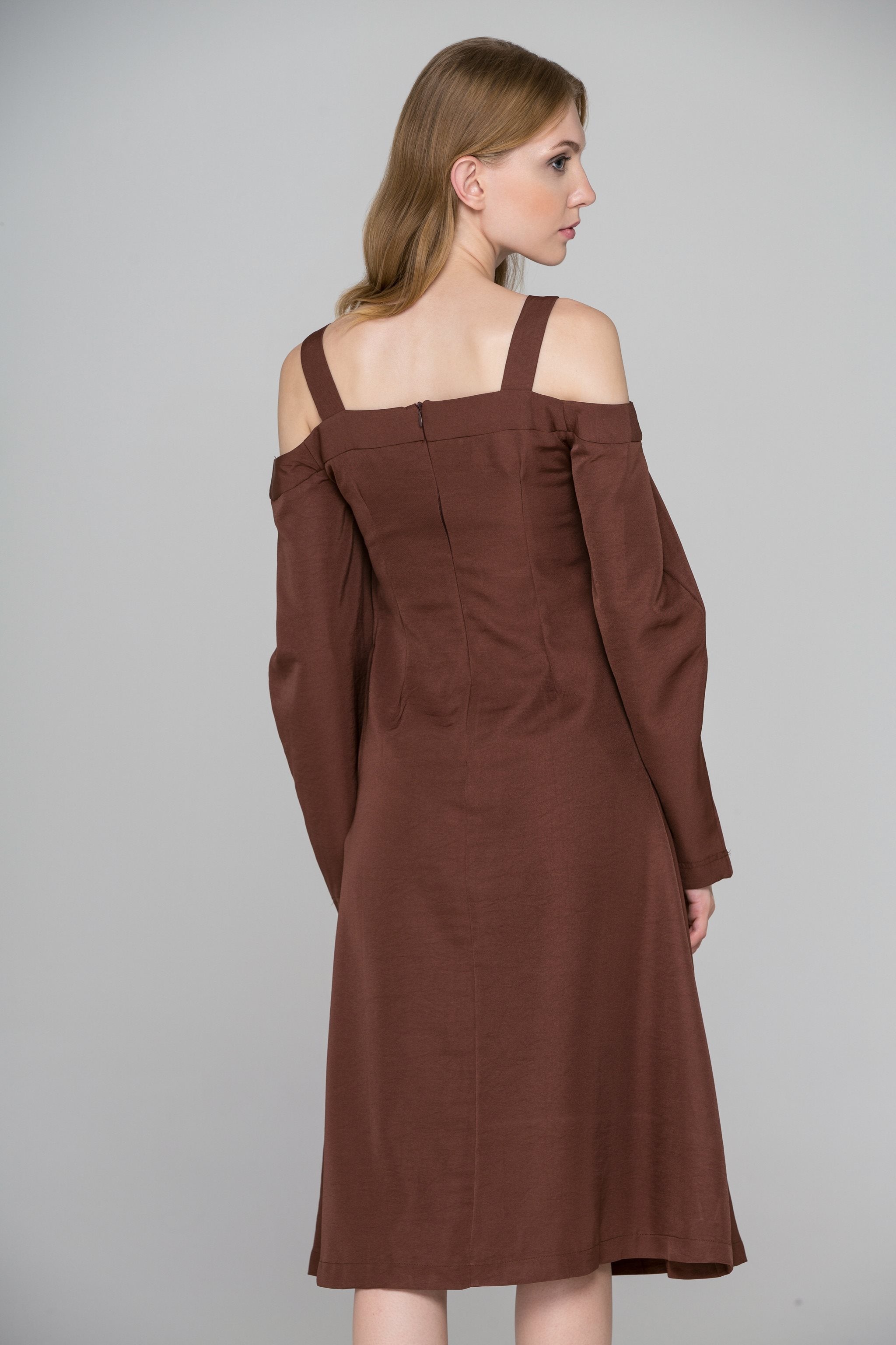 Chocolate Brown Cold Shoulder Midi Dress - ownthelooks-Development