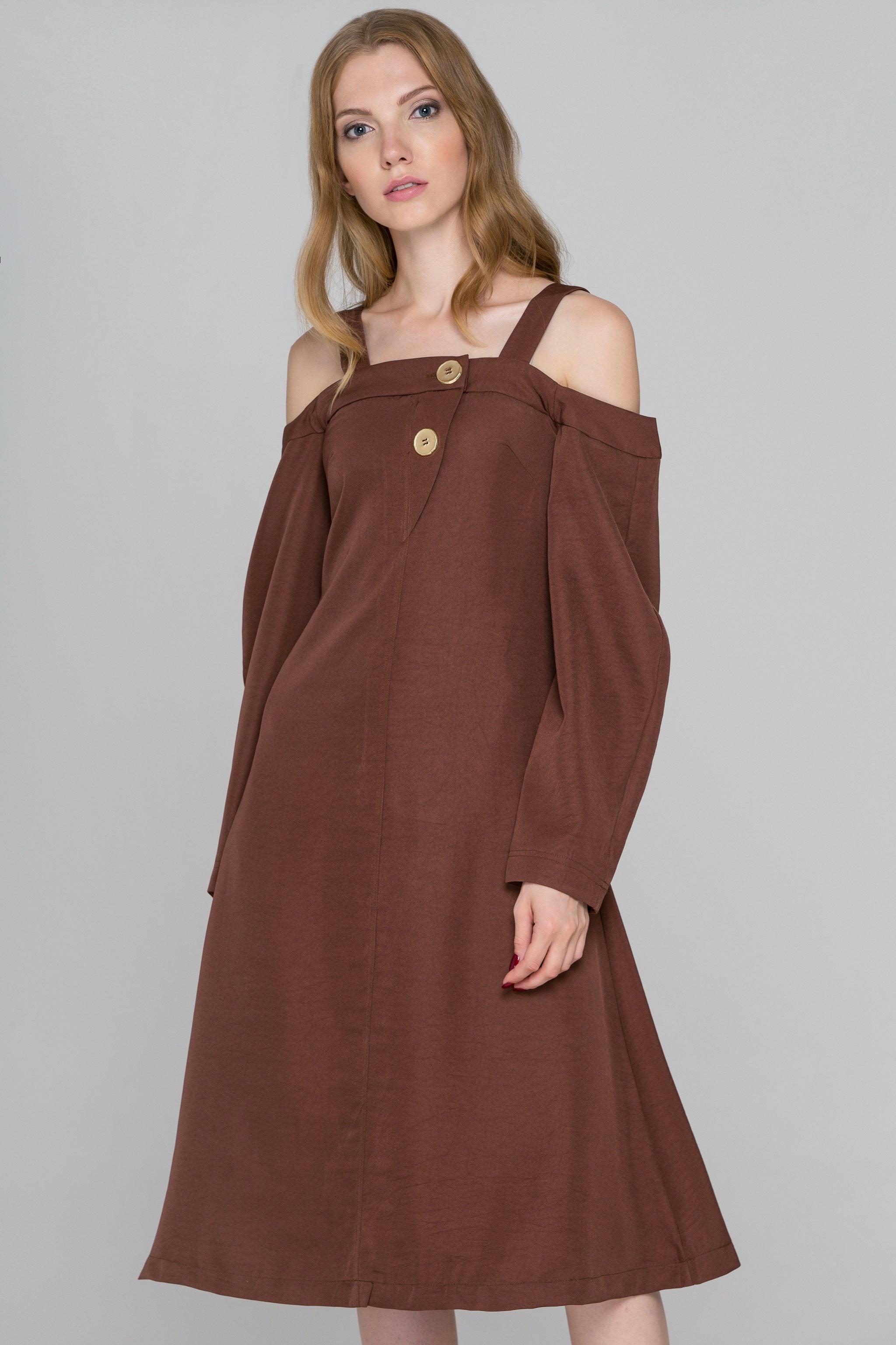 Chocolate Brown Cold Shoulder Midi Dress - ownthelooks-Development