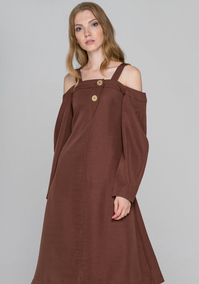 Chocolate Brown Cold Shoulder Midi Dress - ownthelooks-Development