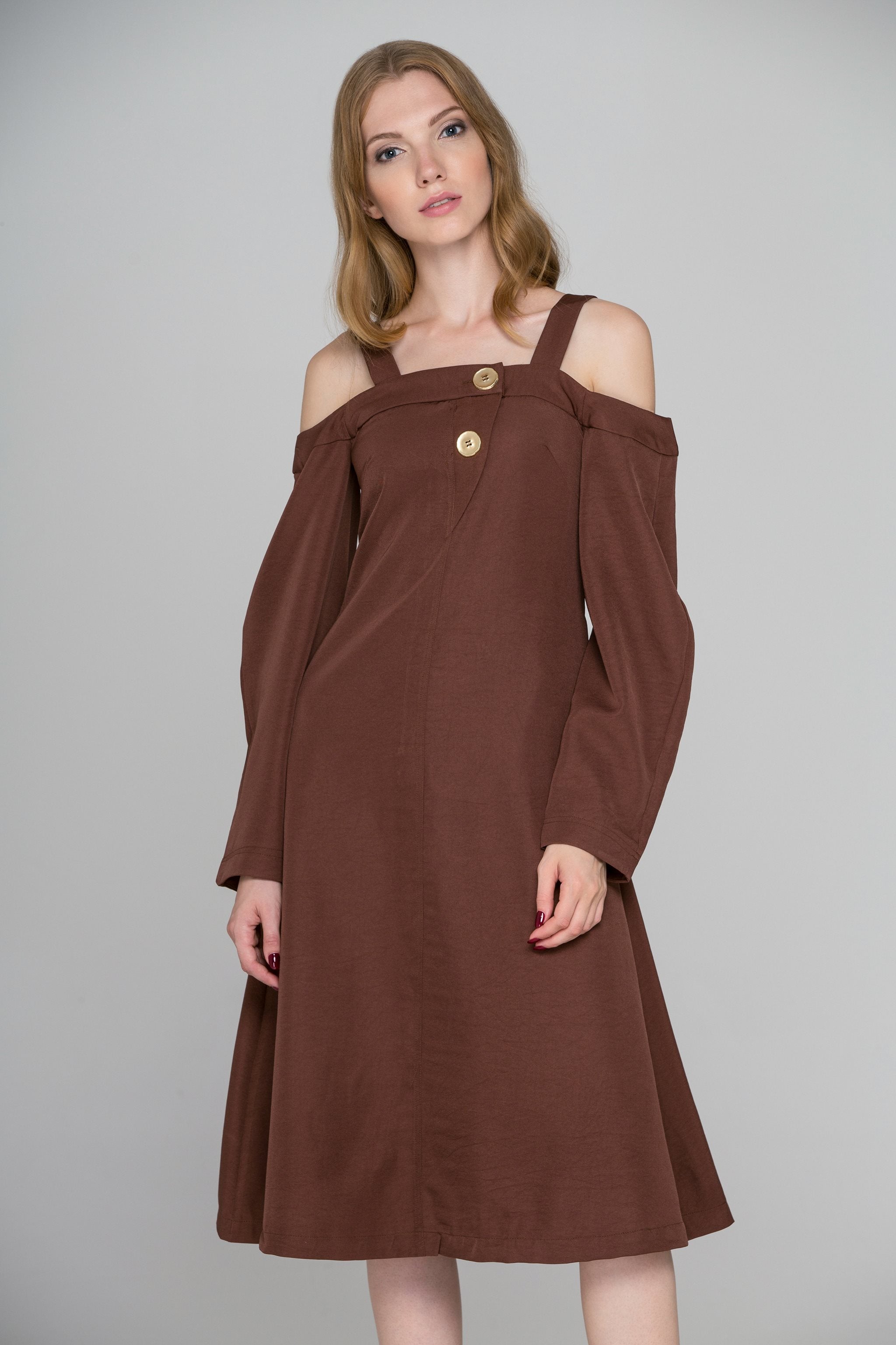 Chocolate Brown Cold Shoulder Midi Dress - ownthelooks-Development
