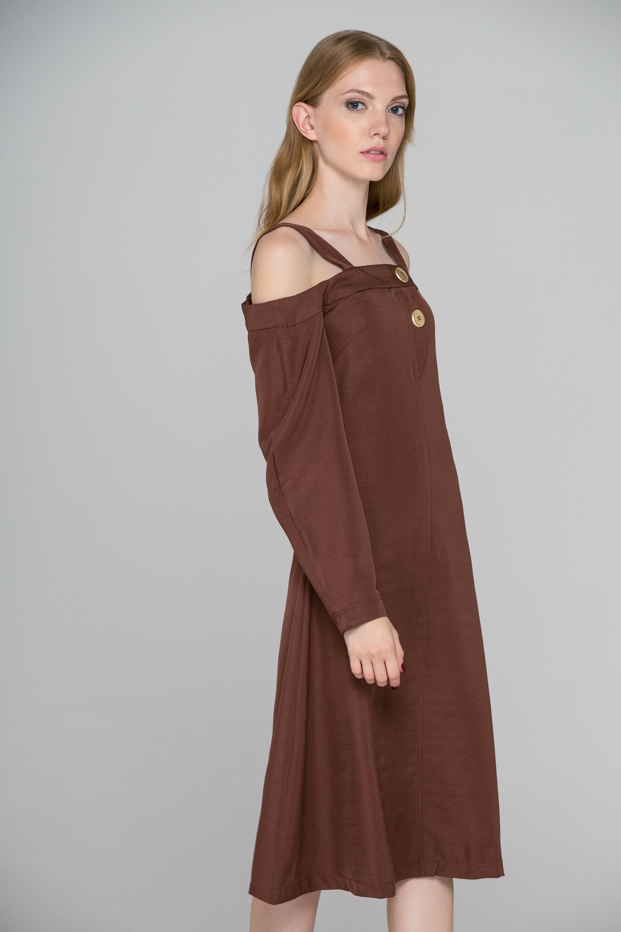 Chocolate Brown Cold Shoulder Midi Dress - ownthelooks-Development