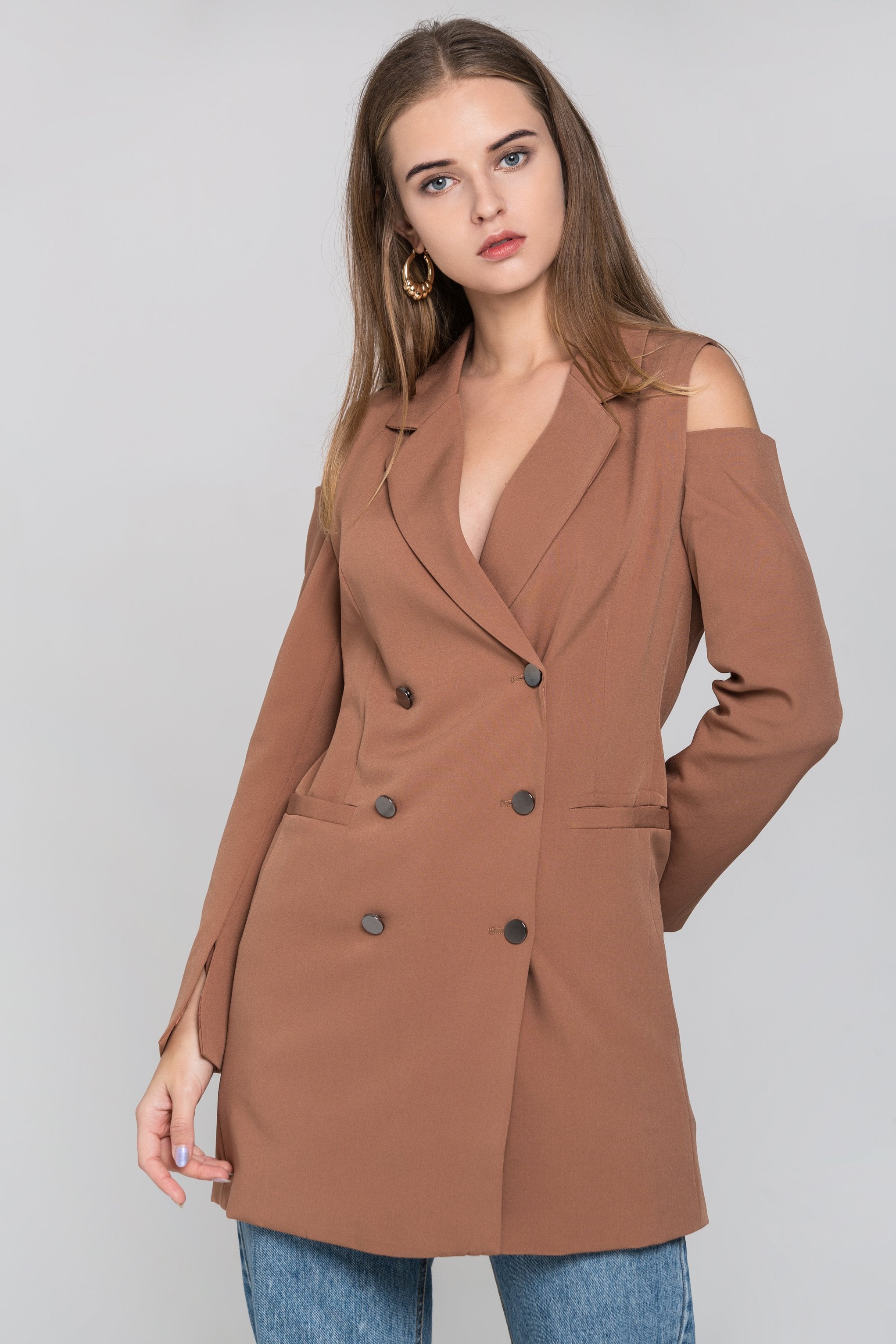 Chocolate Cold Shoulder Mini Blazer Dress - ownthelooks-Development