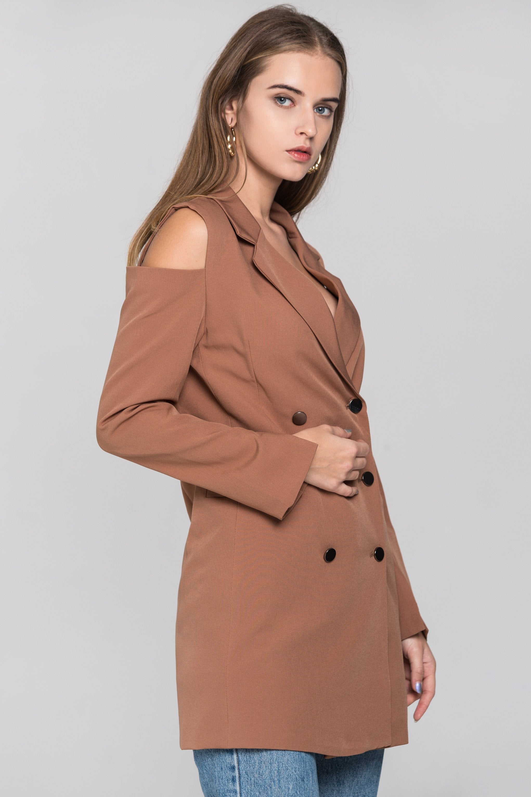 Chocolate Cold Shoulder Mini Blazer Dress - ownthelooks-Development