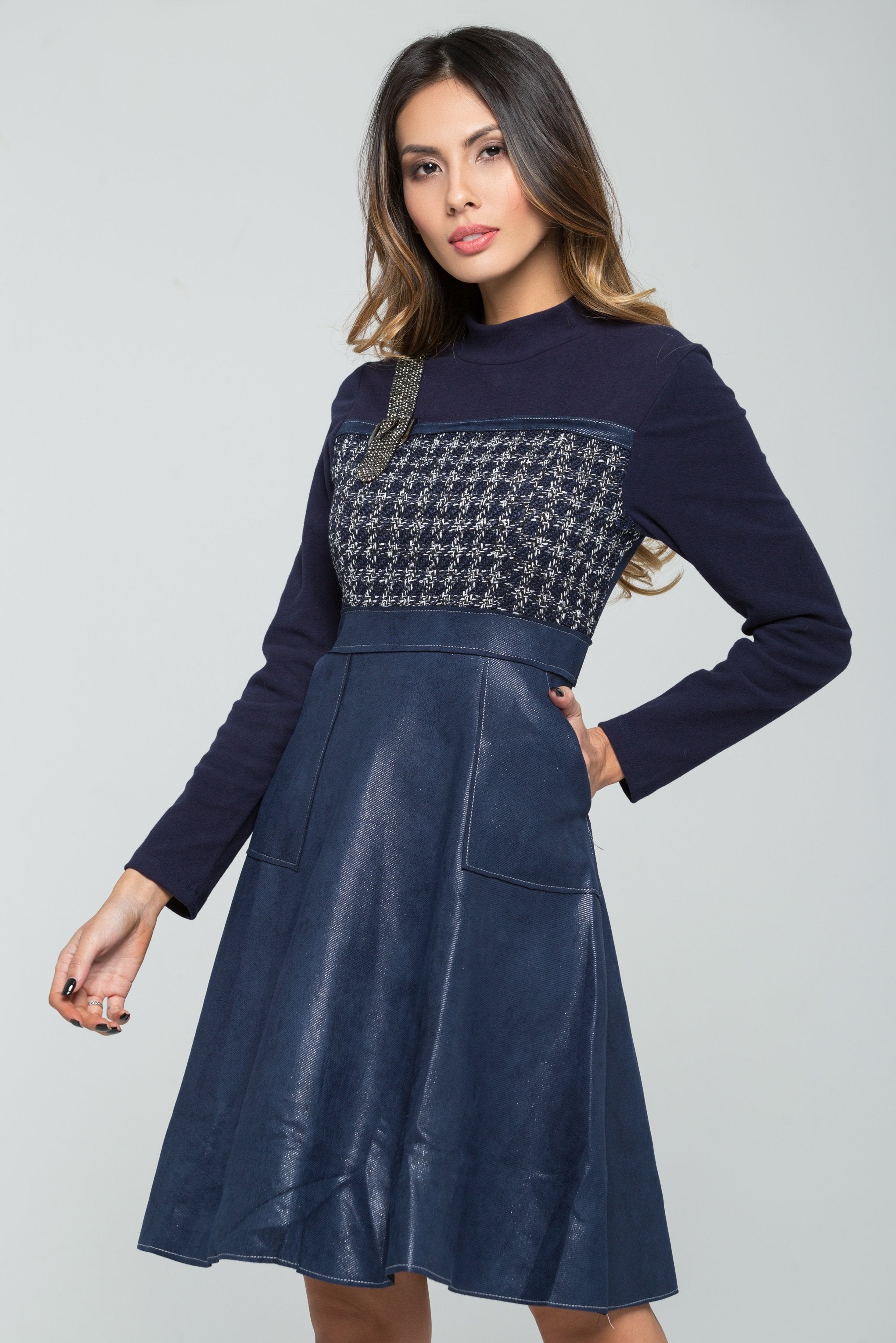Cobalt Blue Full Sleeves Houndstooth Detail Midi Dress - ownthelooks-Development