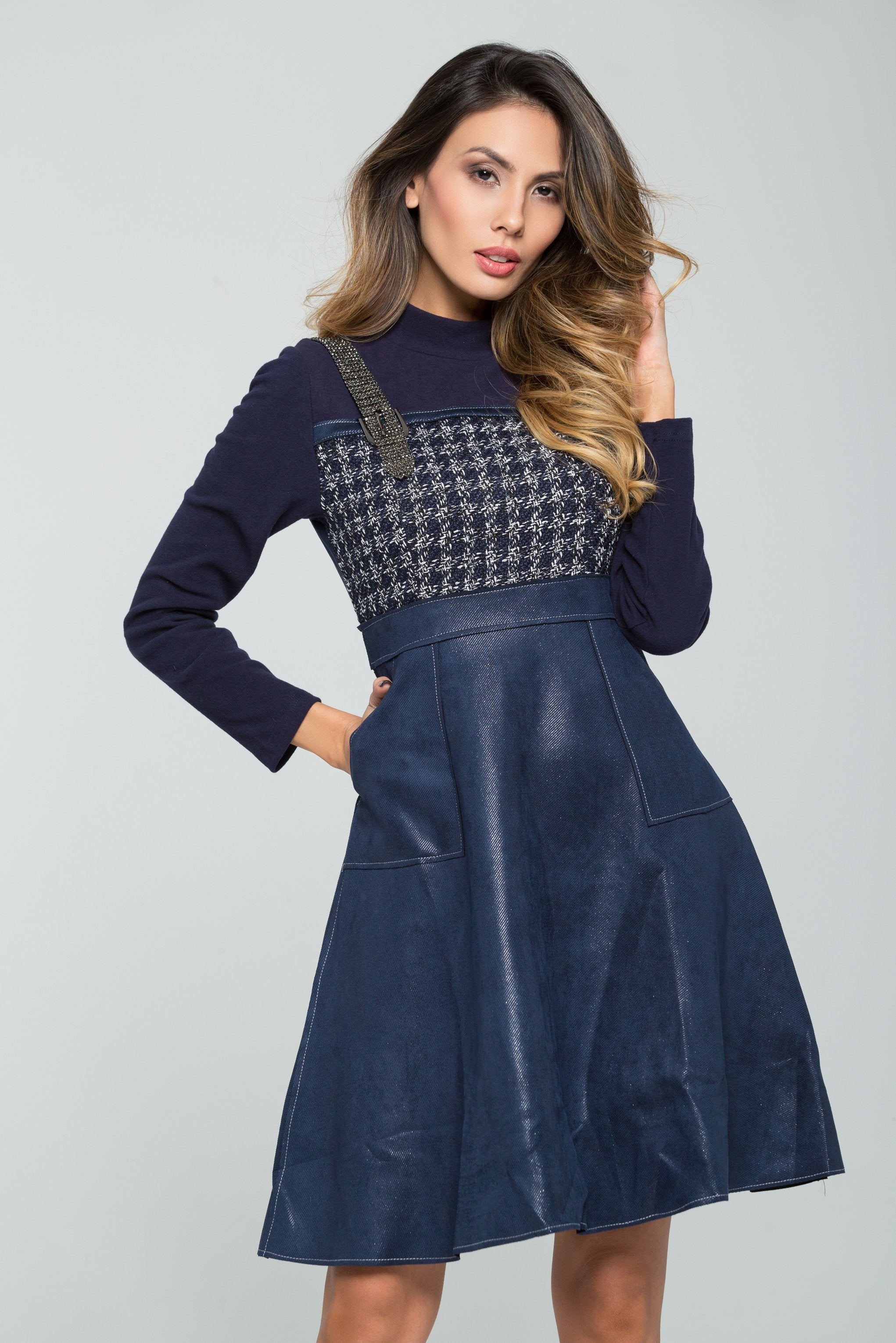 Cobalt Blue Full Sleeves Houndstooth Detail Midi Dress - ownthelooks-Development