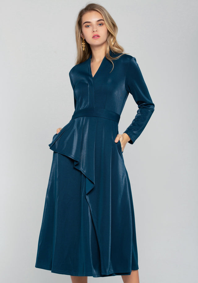 Cobalt Blue Velvet Asymmetrical Ruffles Midi Dress - ownthelooks-Development