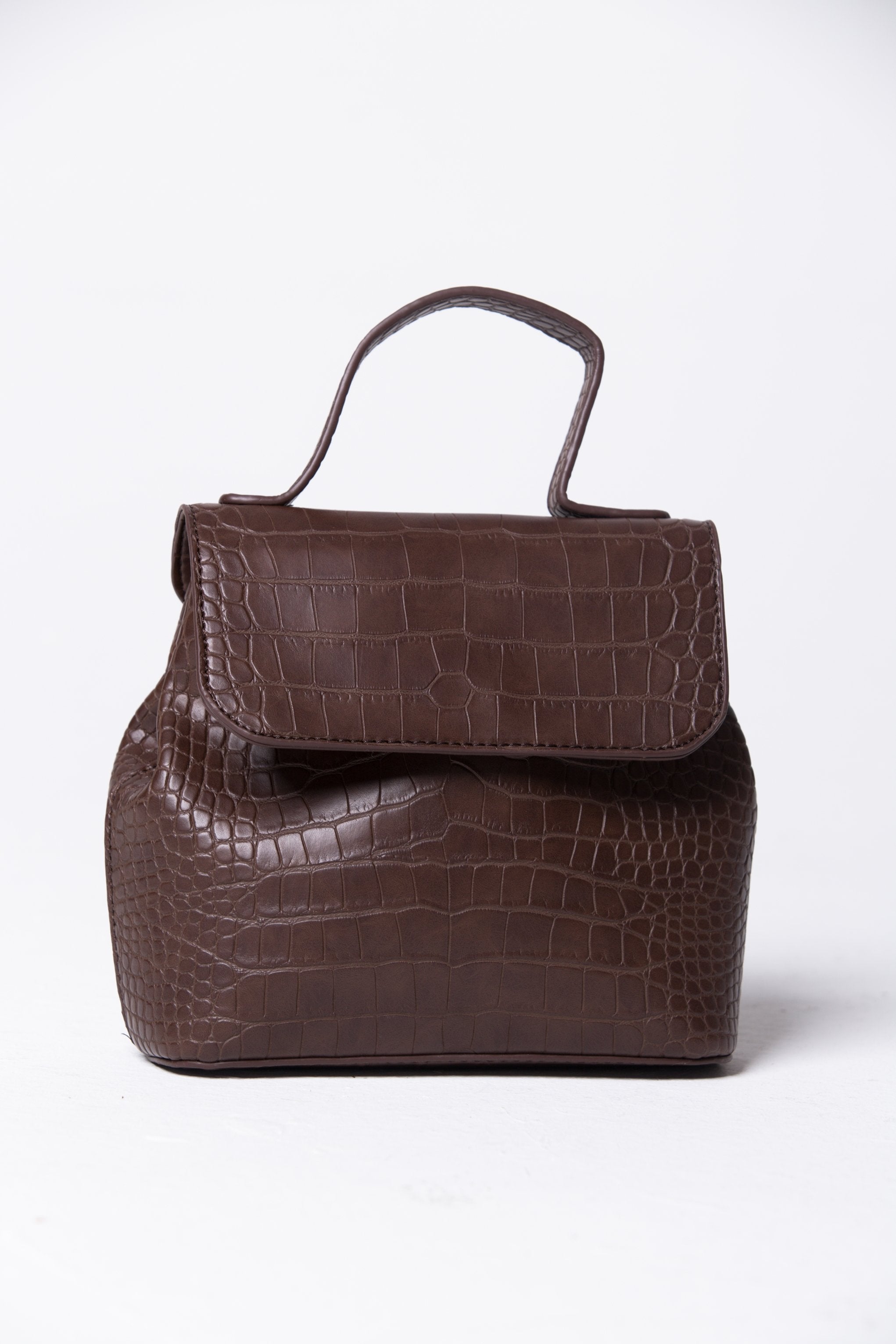 Coffee Brown Croc Detail Structured Handbag - ownthelooks-Development