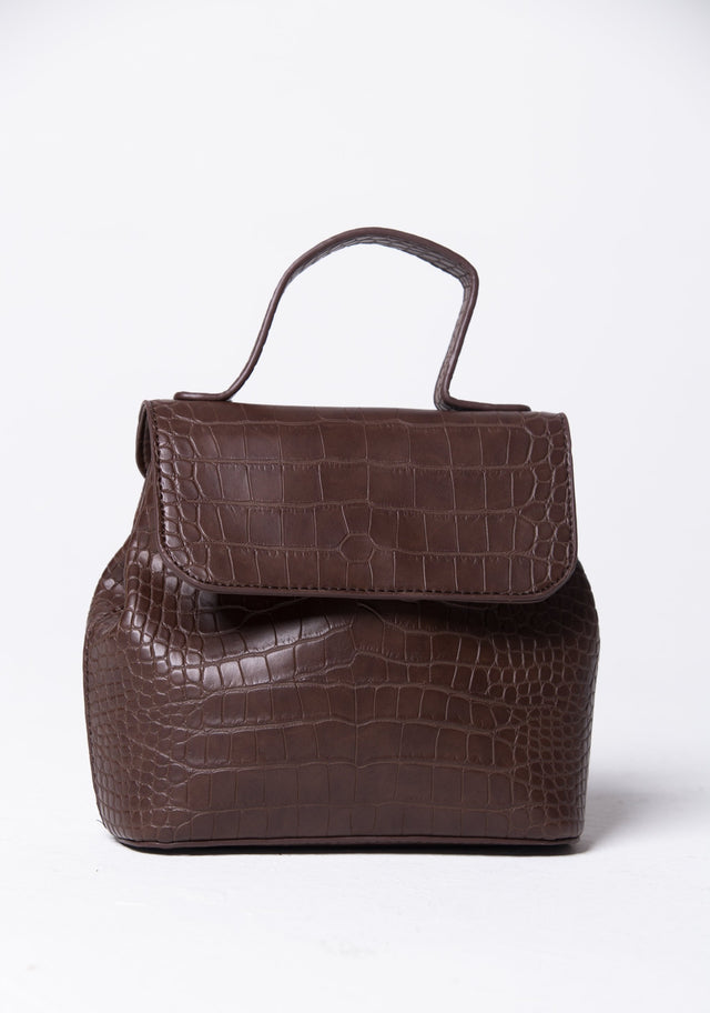 Coffee Brown Croc Detail Structured Handbag - ownthelooks-Development