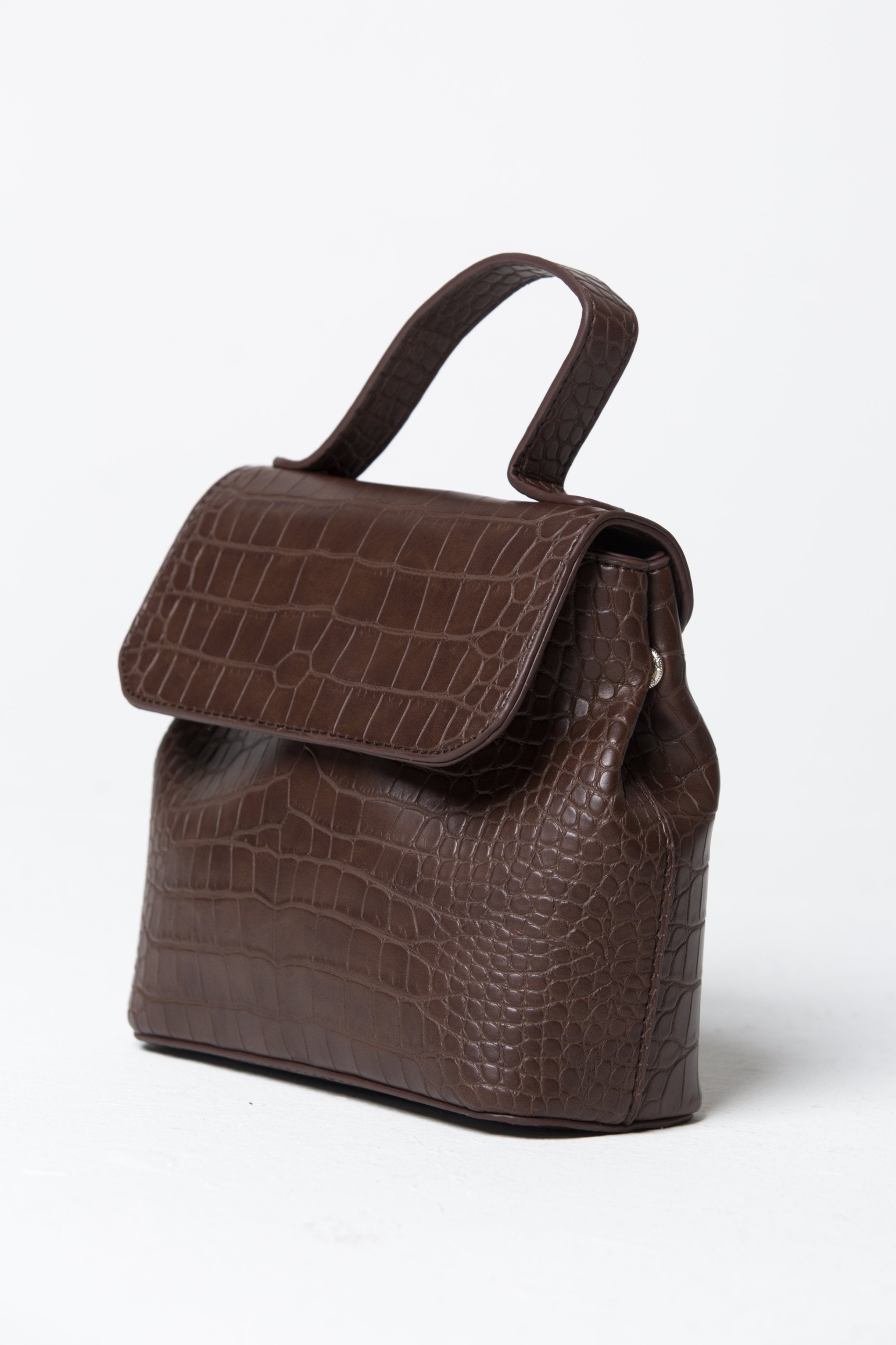 Coffee Brown Croc Detail Structured Handbag - ownthelooks-Development
