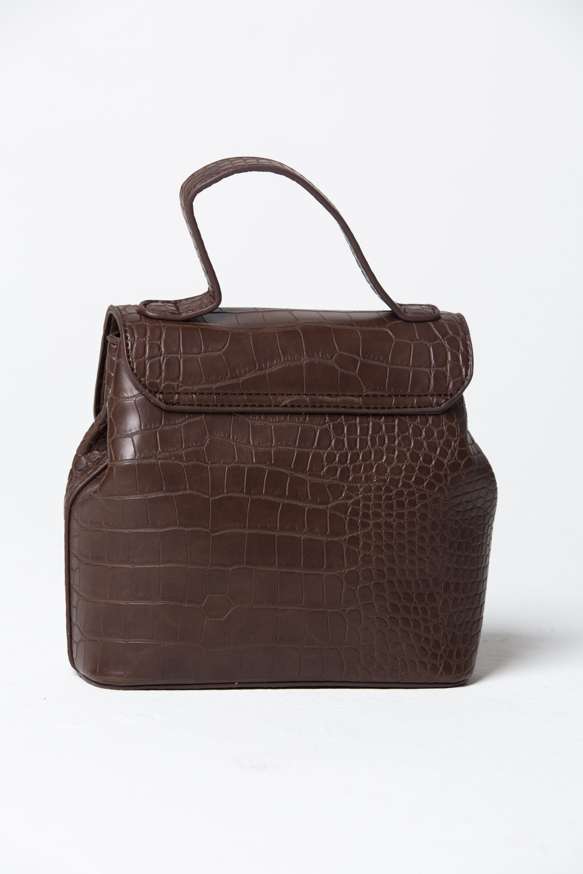 Coffee Brown Croc Detail Structured Handbag - ownthelooks-Development