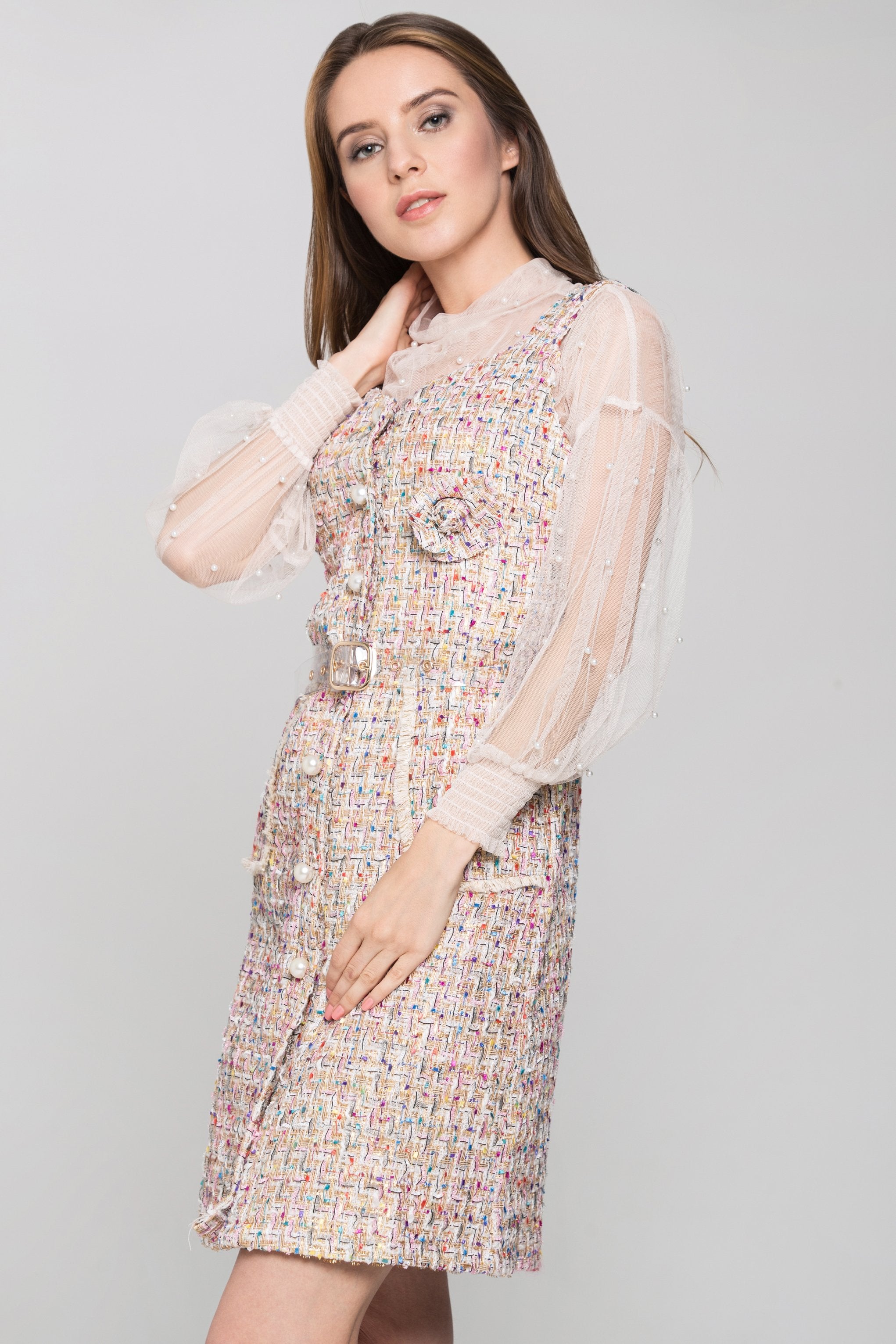 Confetti Tweed Sheer Sleeve Dress Set - ownthelooks-Development