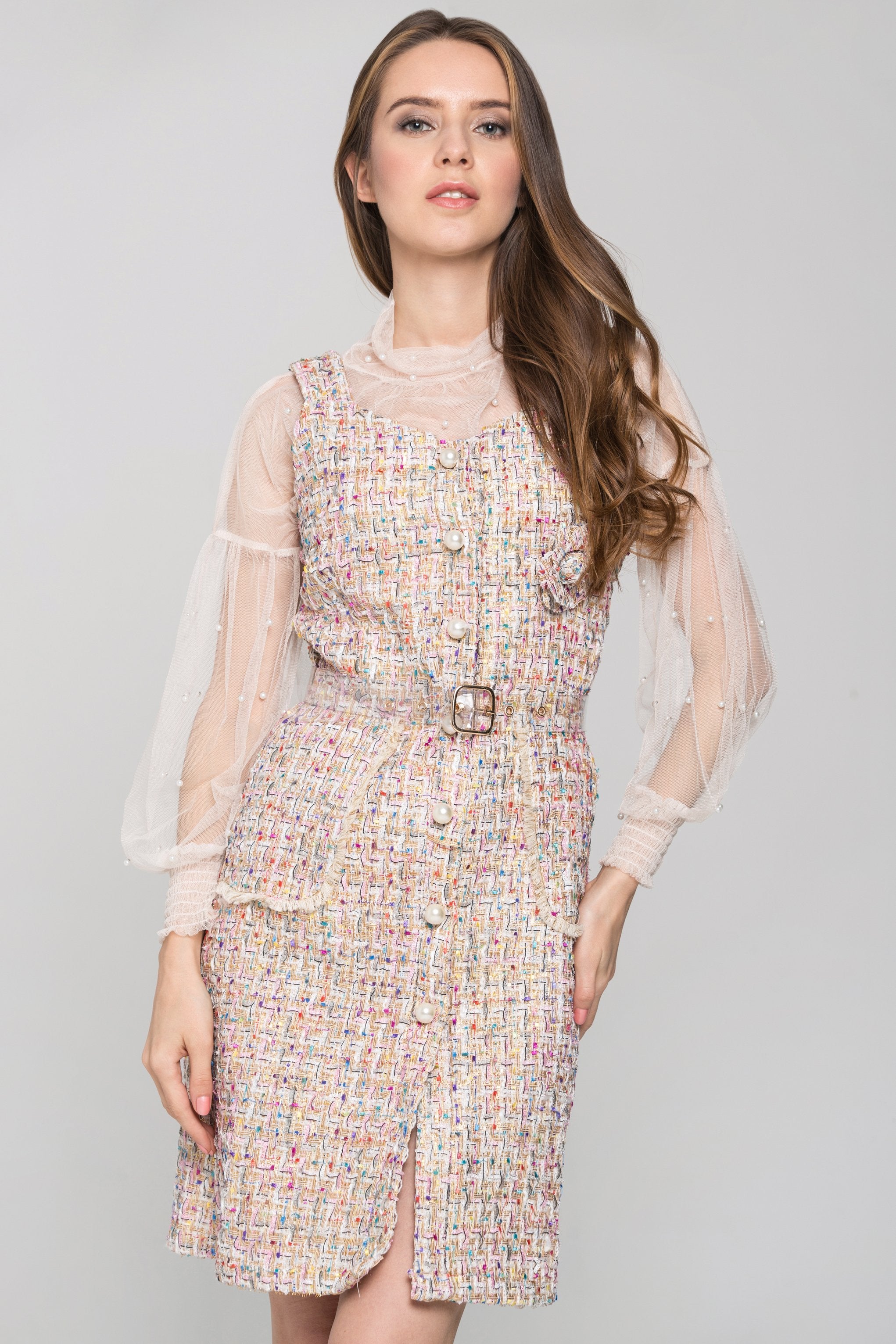 Confetti Tweed Sheer Sleeve Dress Set - ownthelooks-Development