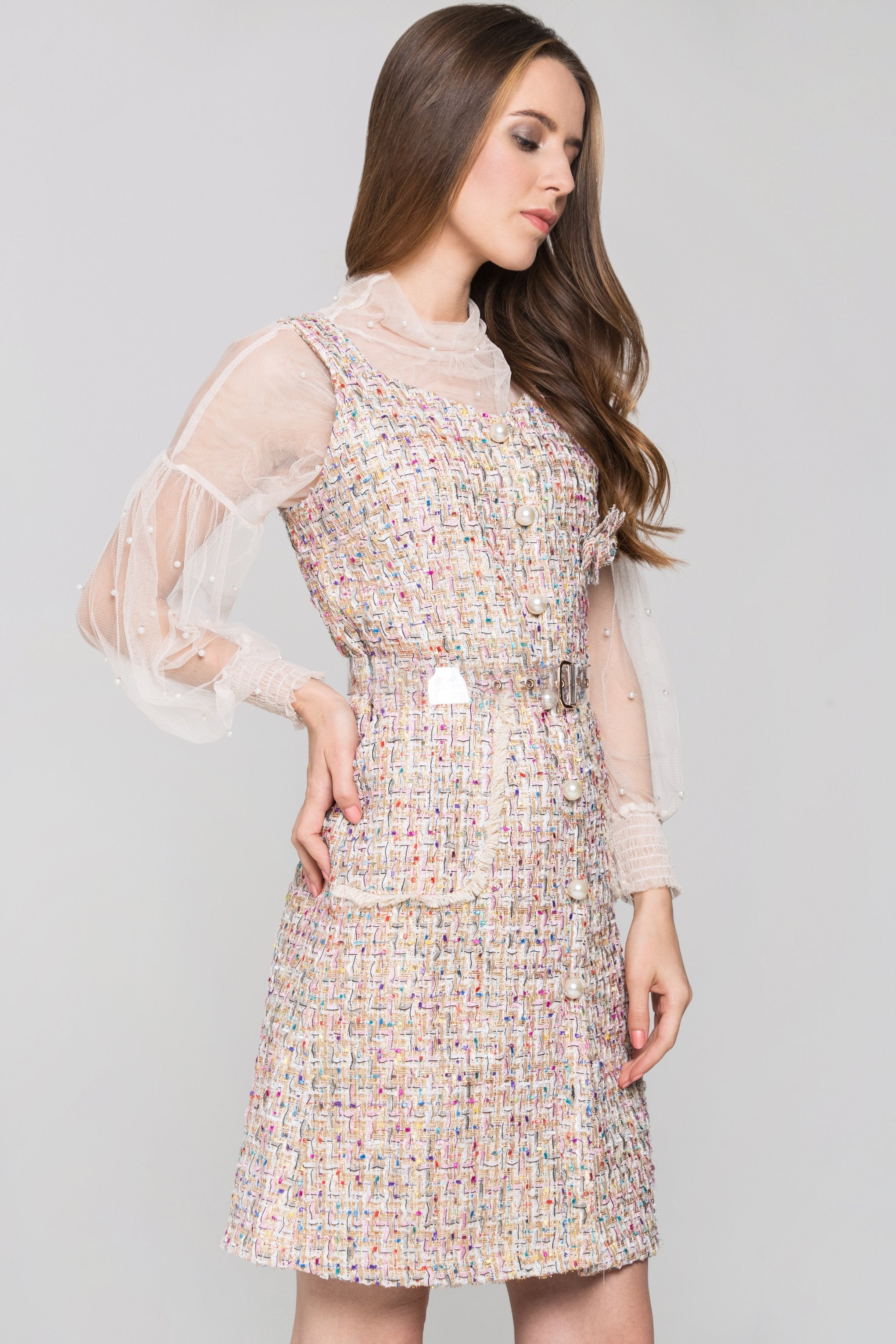 Confetti Tweed Sheer Sleeve Dress Set - ownthelooks-Development